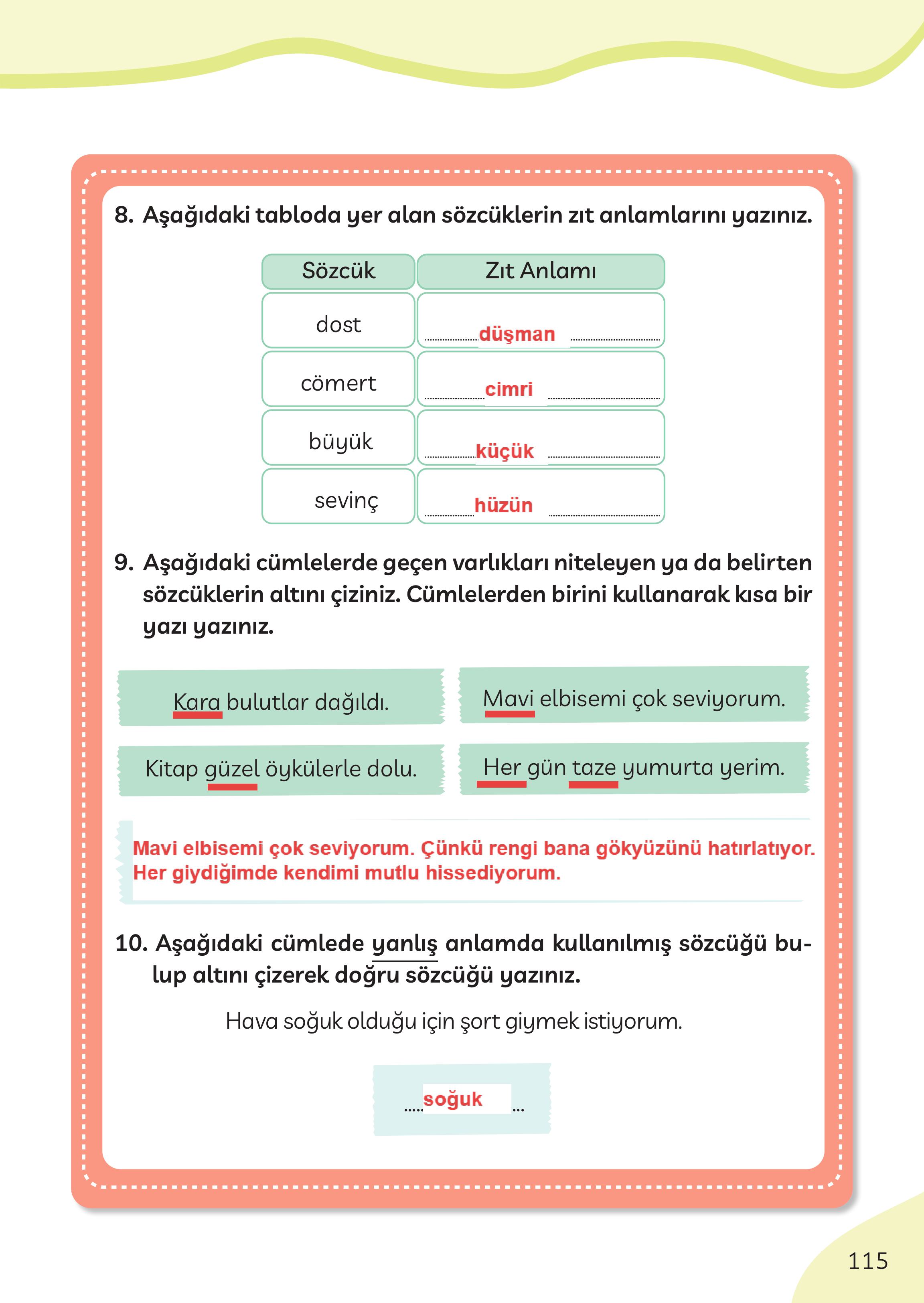 3. Sınıf Meb Yayınları Türkçe Ders Kitabı Sayfa 115 Cevapları