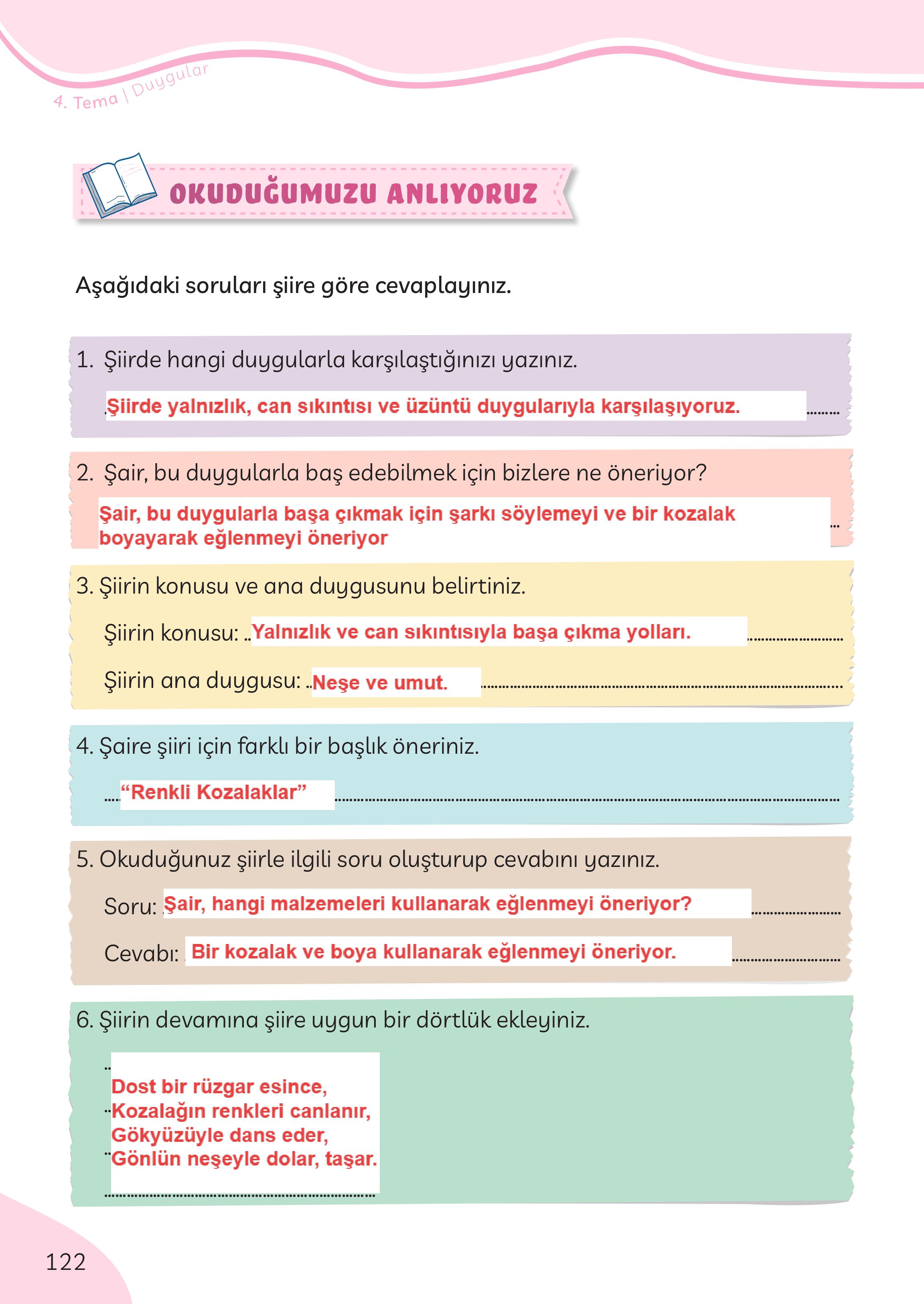 3. Sınıf Meb Yayınları Türkçe Ders Kitabı Sayfa 122 Cevapları