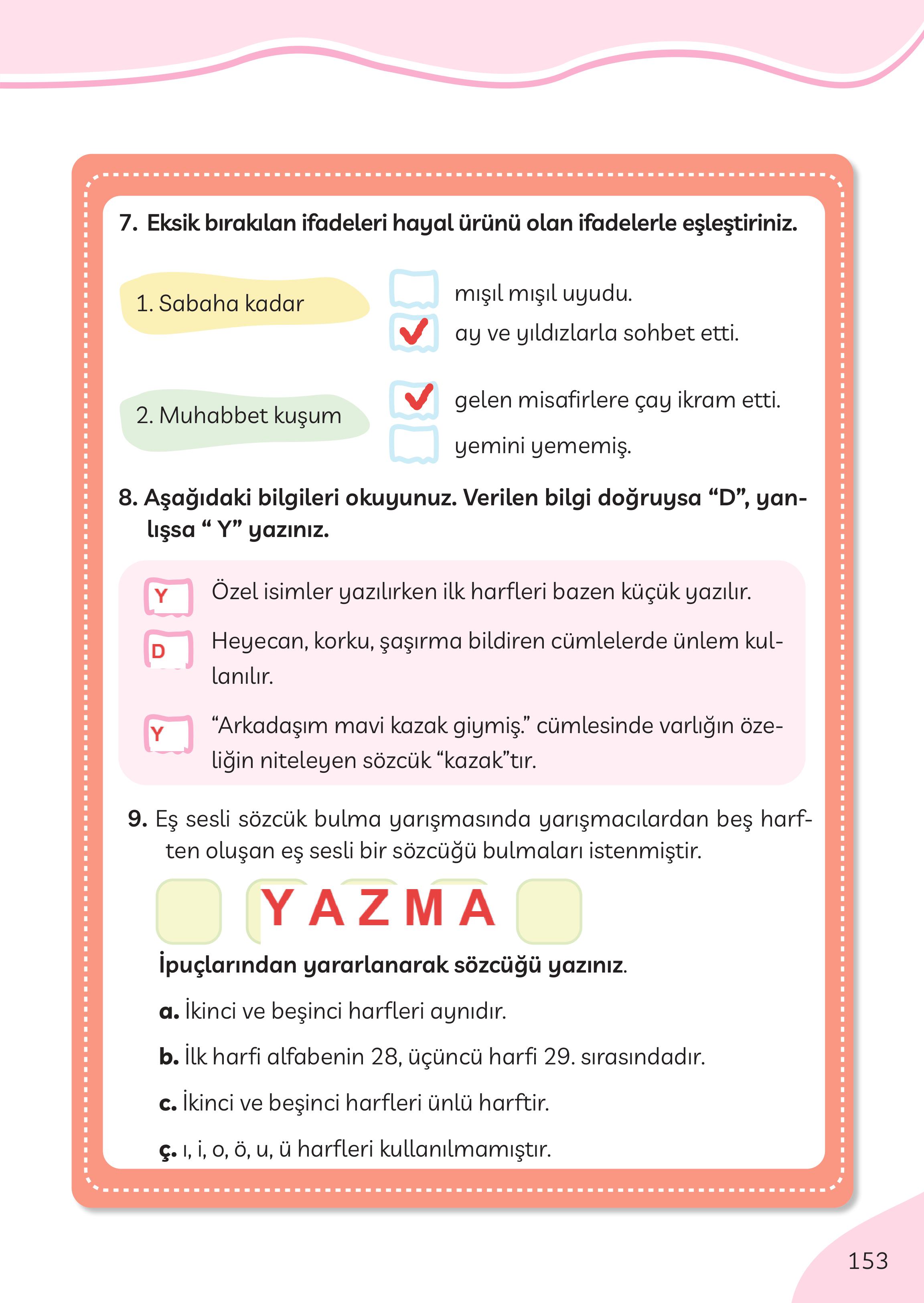 3. Sınıf Meb Yayınları Türkçe Ders Kitabı Sayfa 153 Cevapları