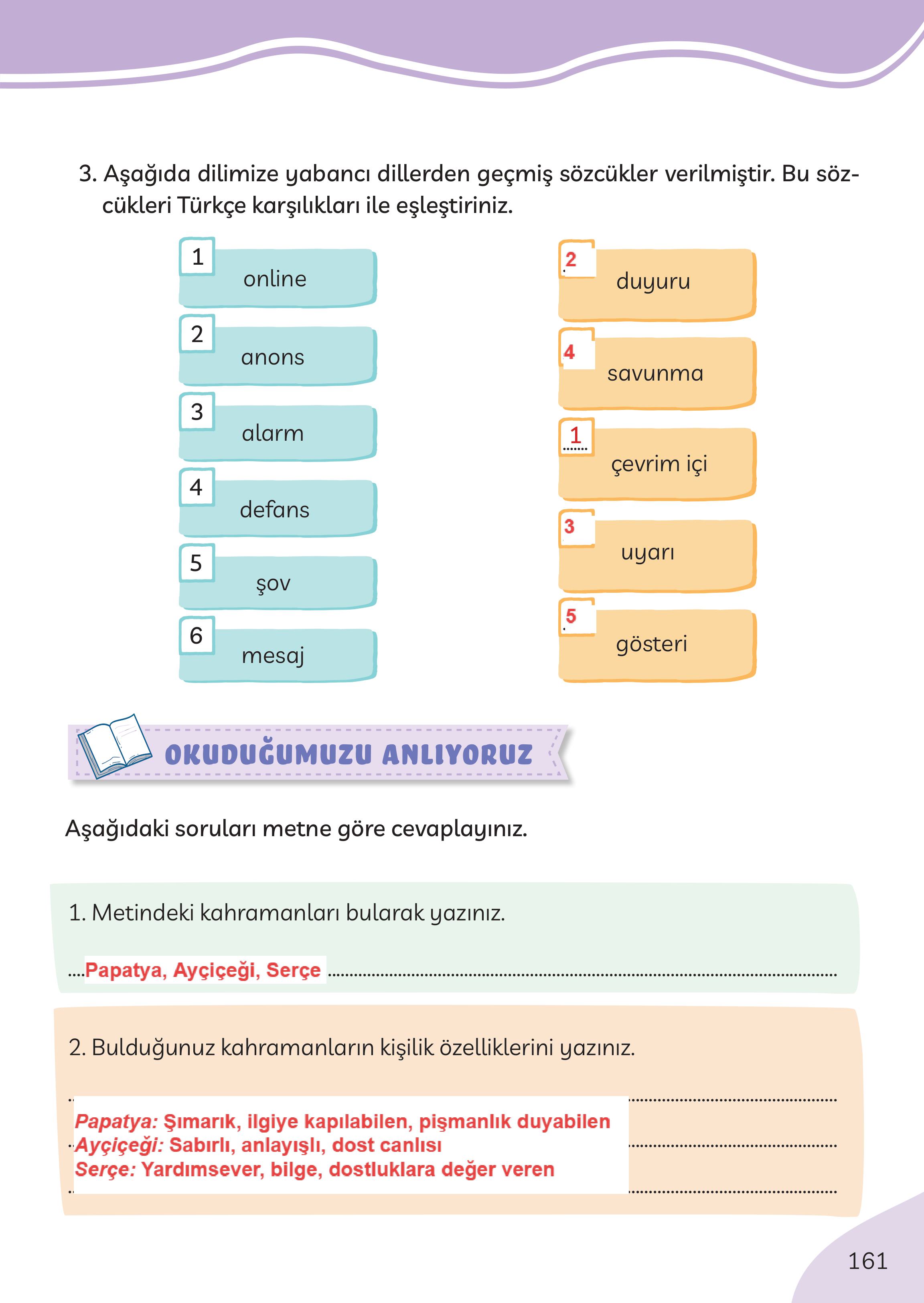 3. Sınıf Meb Yayınları Türkçe Ders Kitabı Sayfa 161 Cevapları