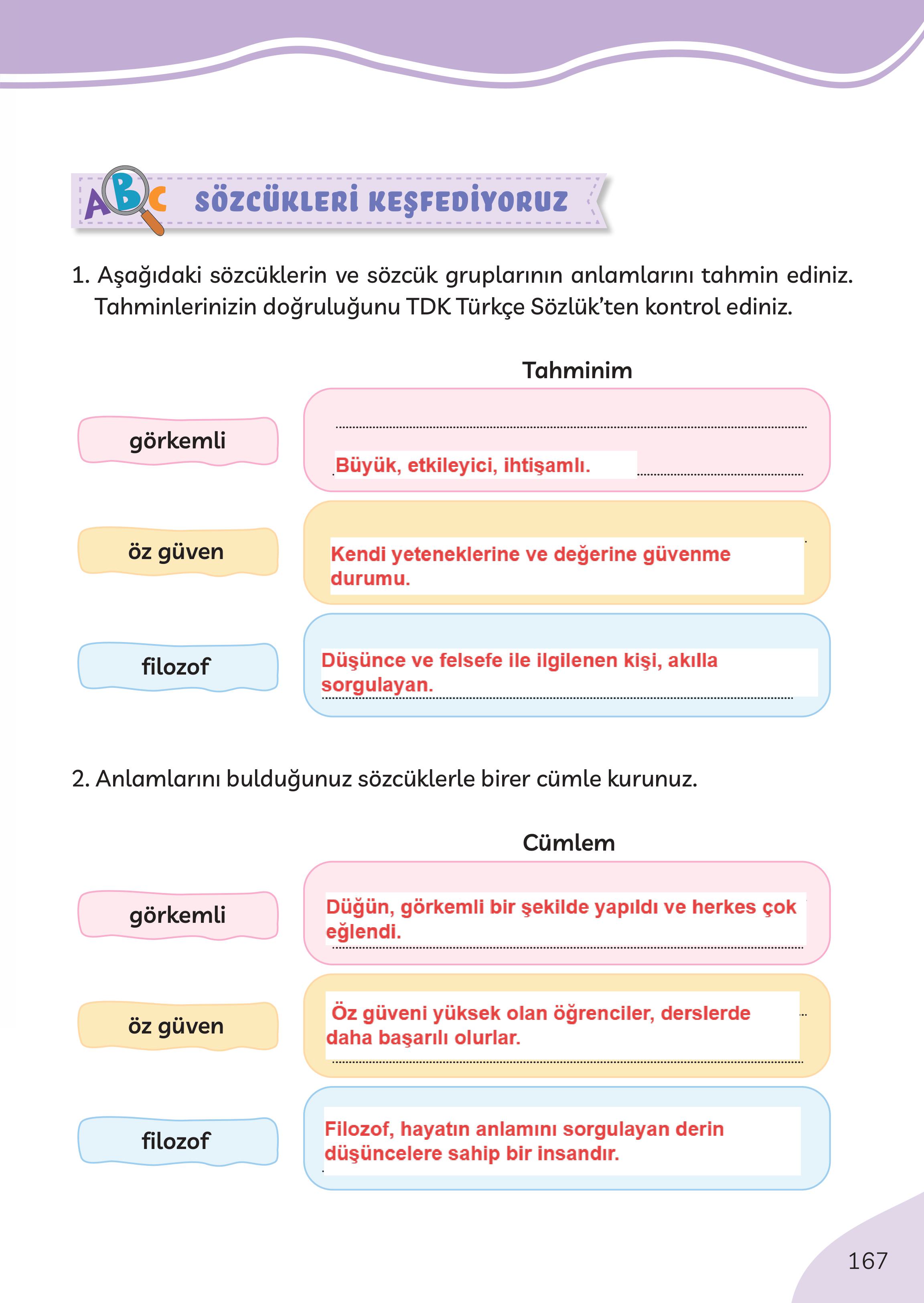 3. Sınıf Meb Yayınları Türkçe Ders Kitabı Sayfa 167 Cevapları