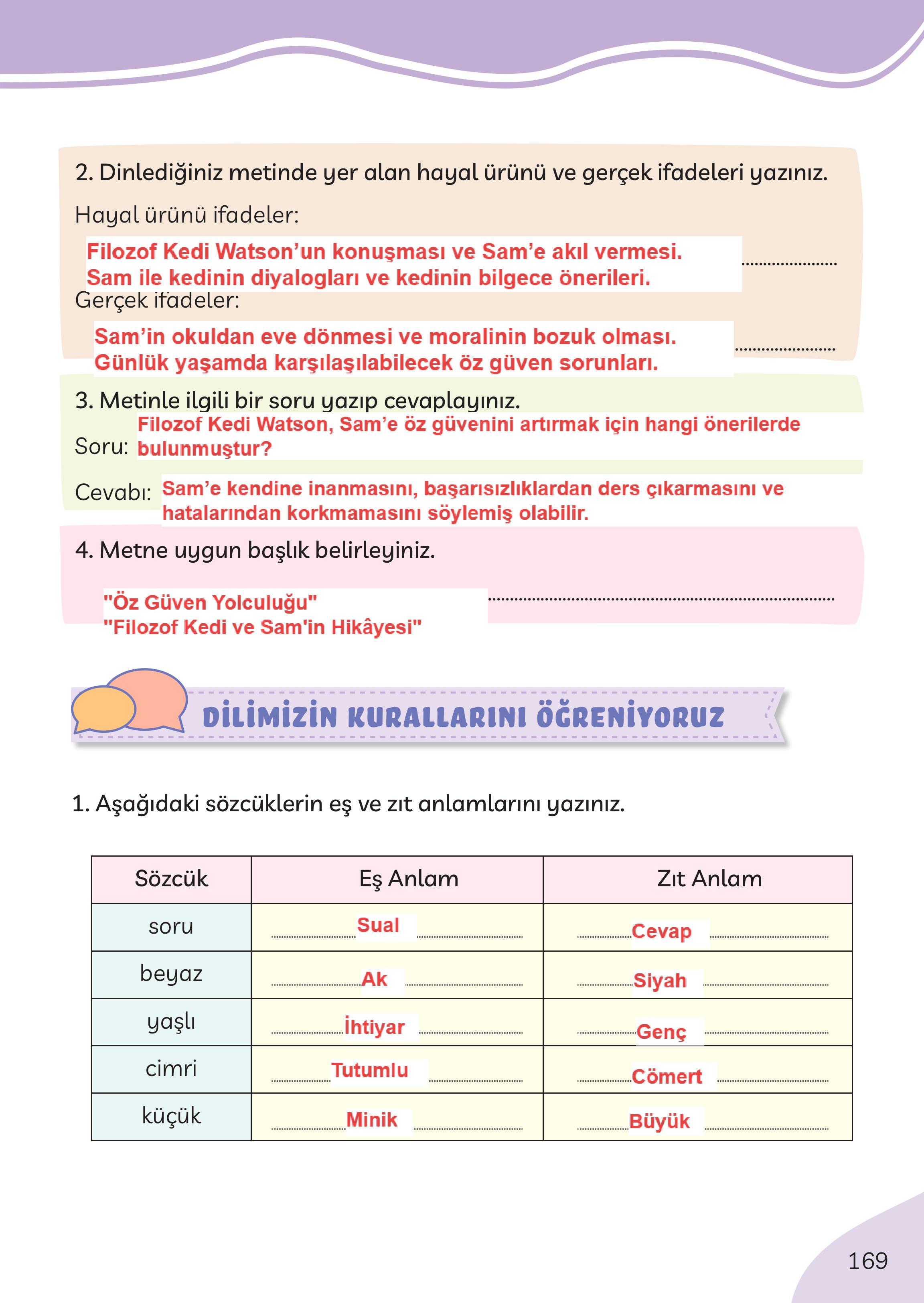 3. Sınıf Meb Yayınları Türkçe Ders Kitabı Sayfa 169 Cevapları