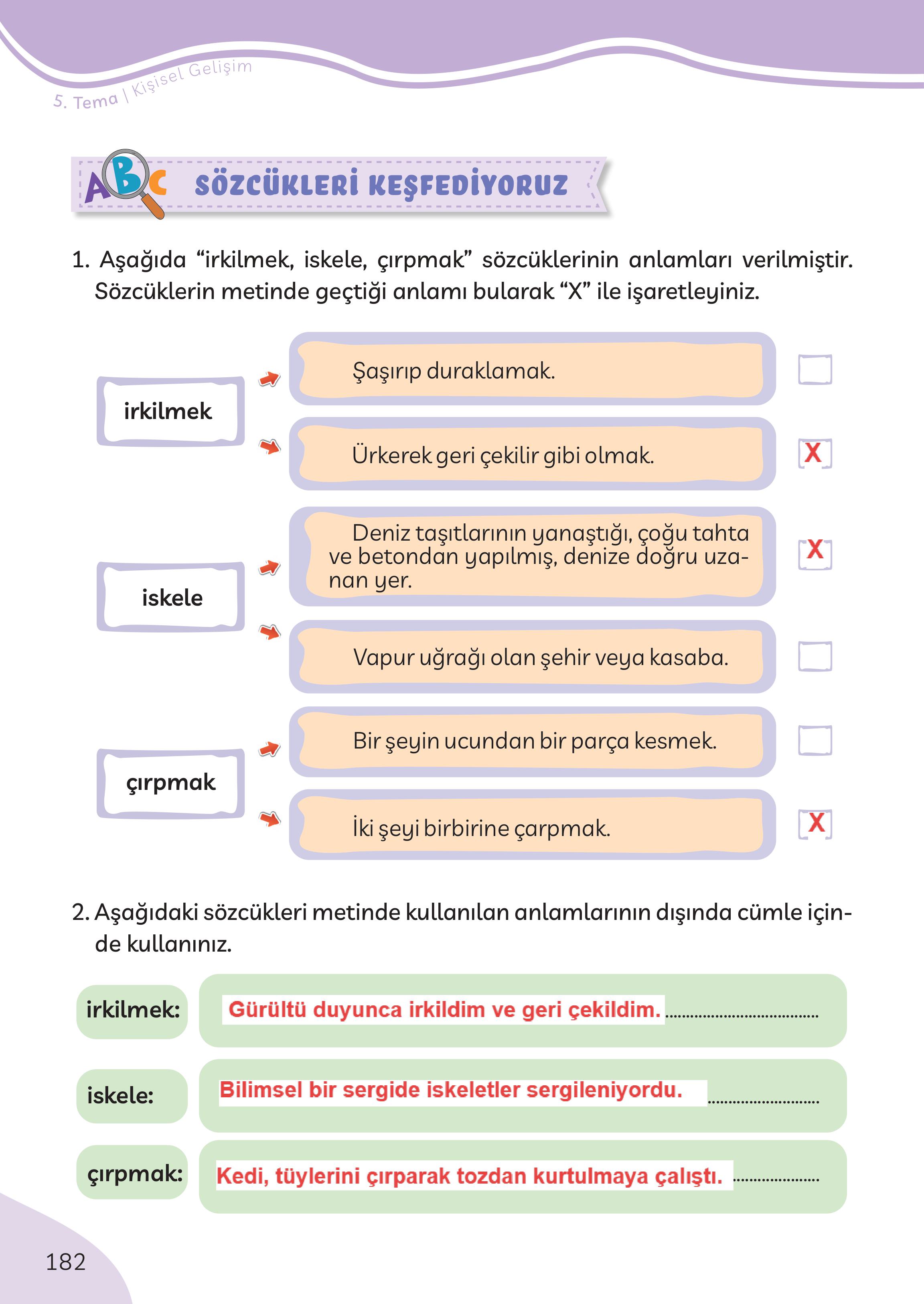 3. Sınıf Meb Yayınları Türkçe Ders Kitabı Sayfa 182 Cevapları