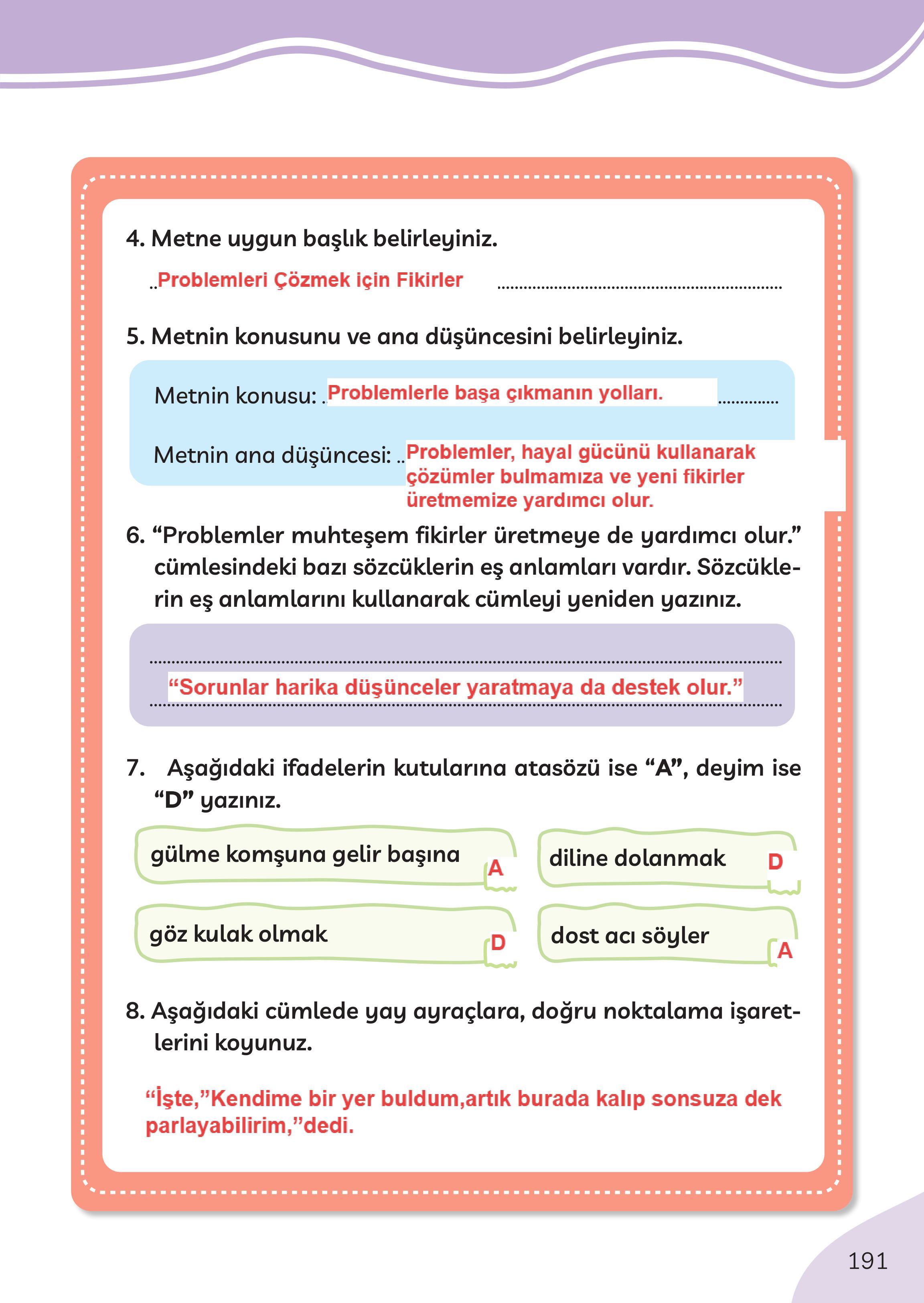 3. Sınıf Meb Yayınları Türkçe Ders Kitabı Sayfa 191 Cevapları