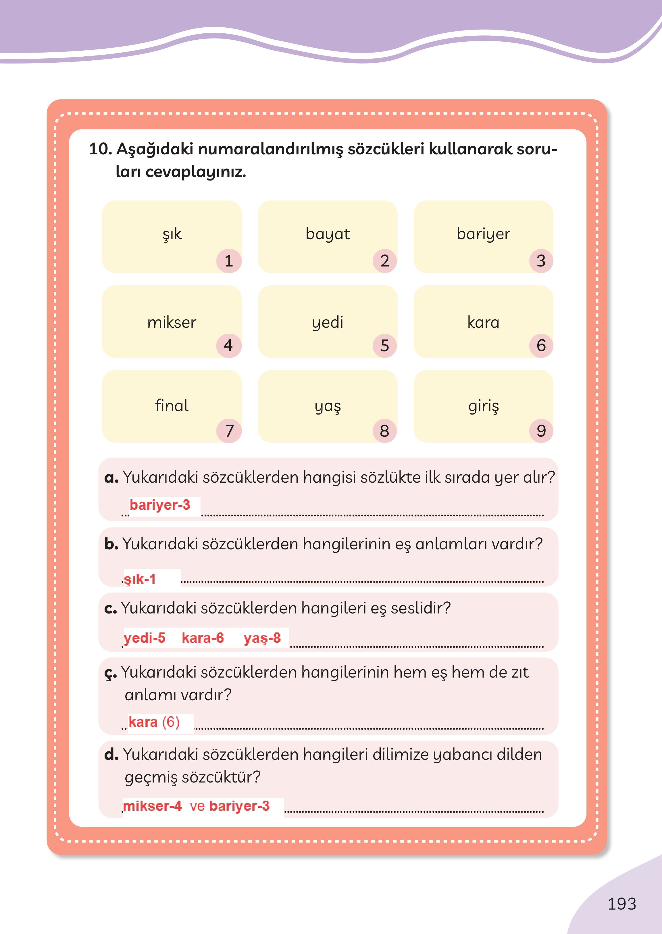 3. Sınıf Meb Yayınları Türkçe Ders Kitabı Sayfa 193 Cevapları