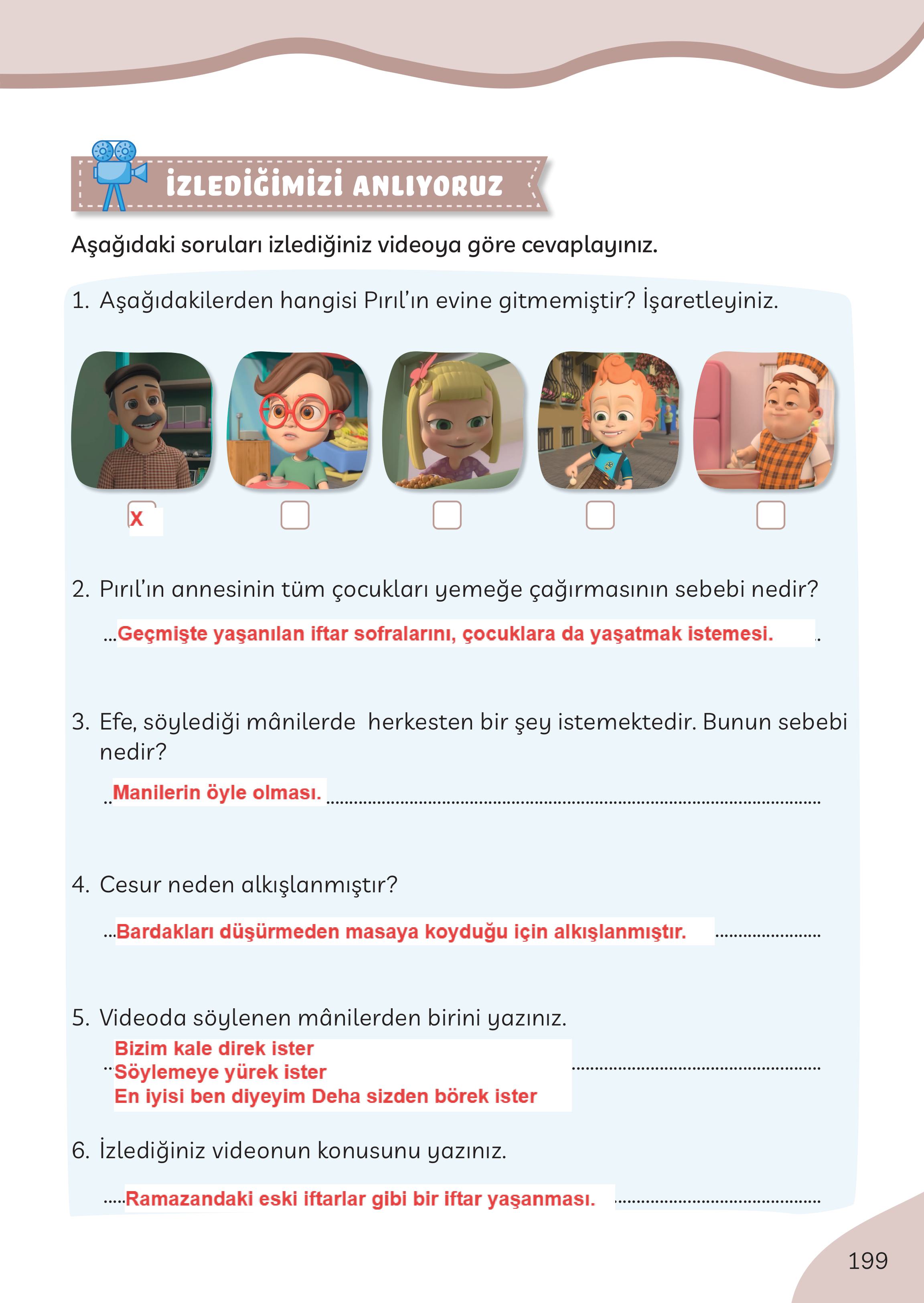 3. Sınıf Meb Yayınları Türkçe Ders Kitabı Sayfa 199 Cevapları