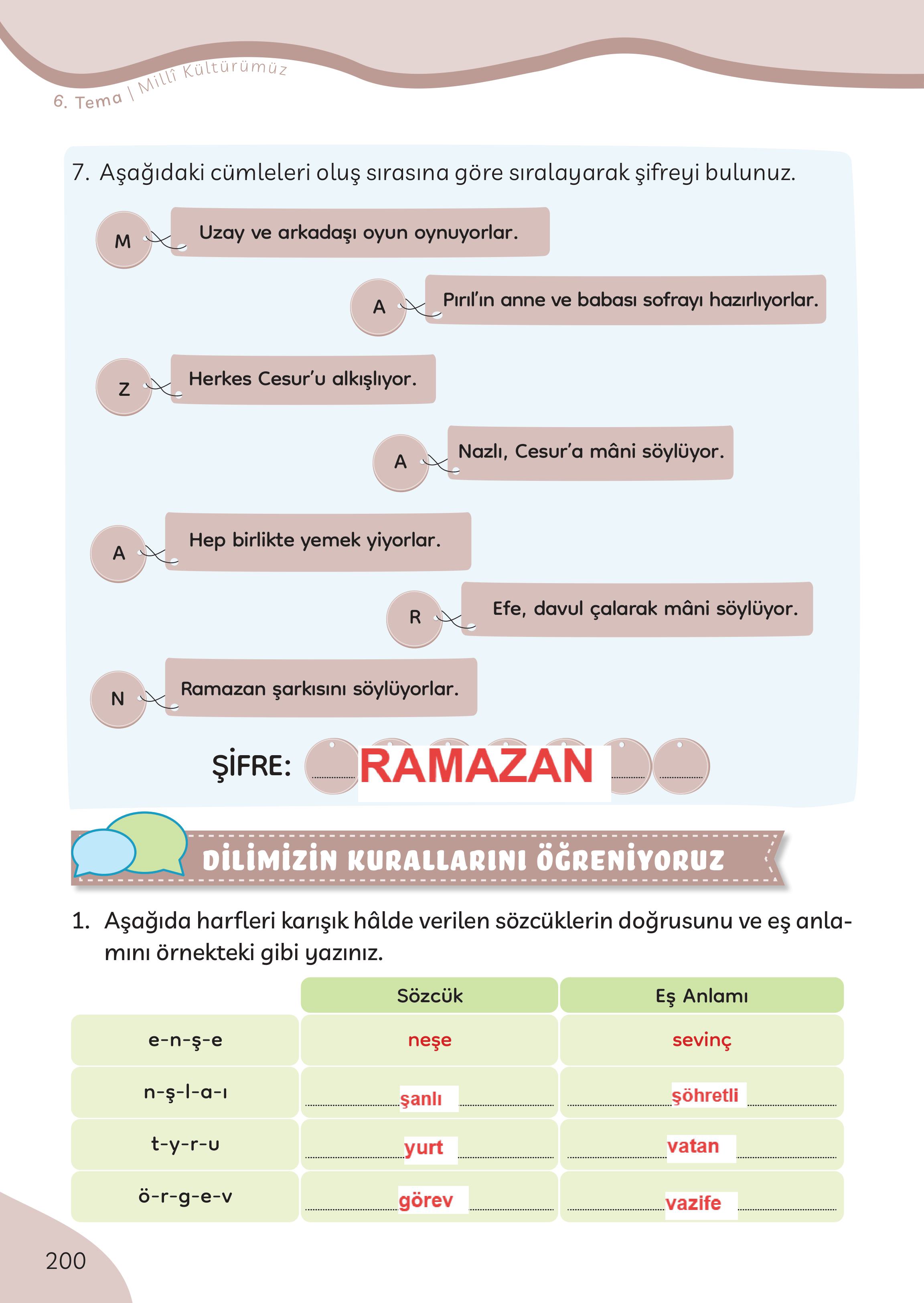 3. Sınıf Meb Yayınları Türkçe Ders Kitabı Sayfa 200 Cevapları