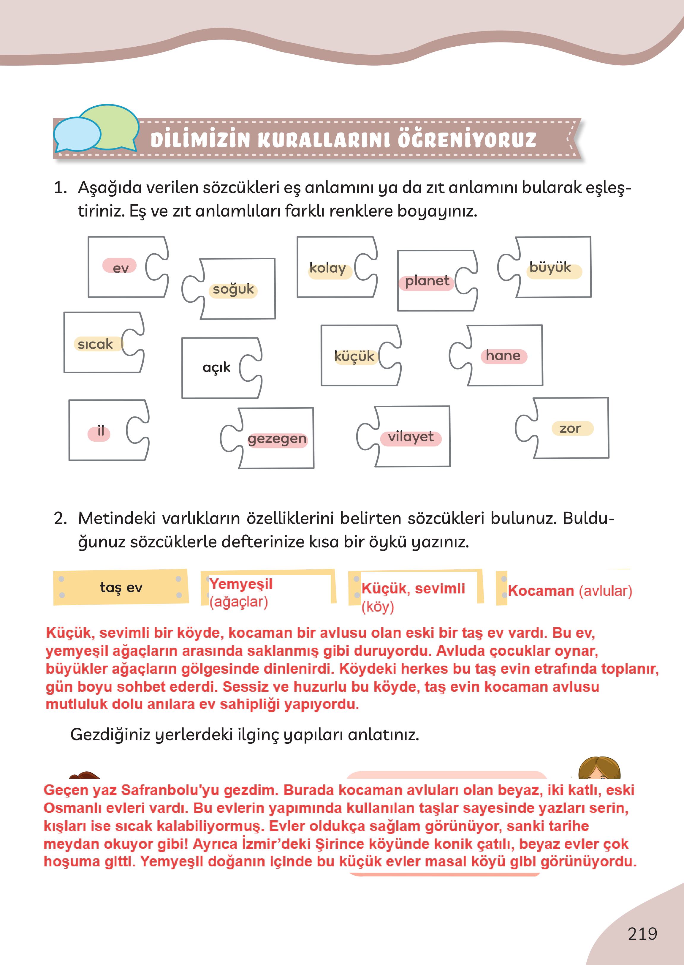 3. Sınıf Meb Yayınları Türkçe Ders Kitabı Sayfa 219 Cevapları