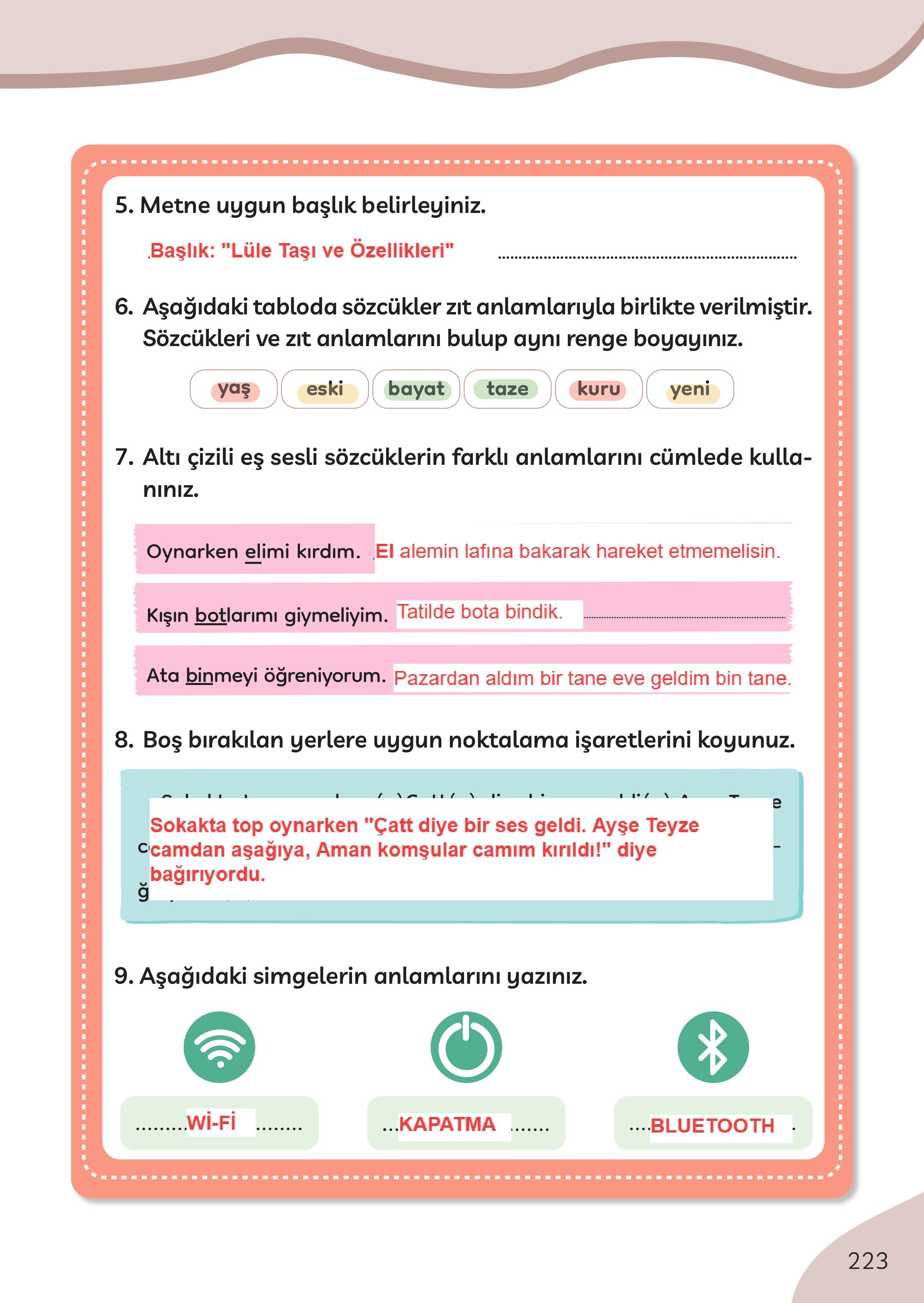 3. Sınıf Meb Yayınları Türkçe Ders Kitabı Sayfa 223 Cevapları