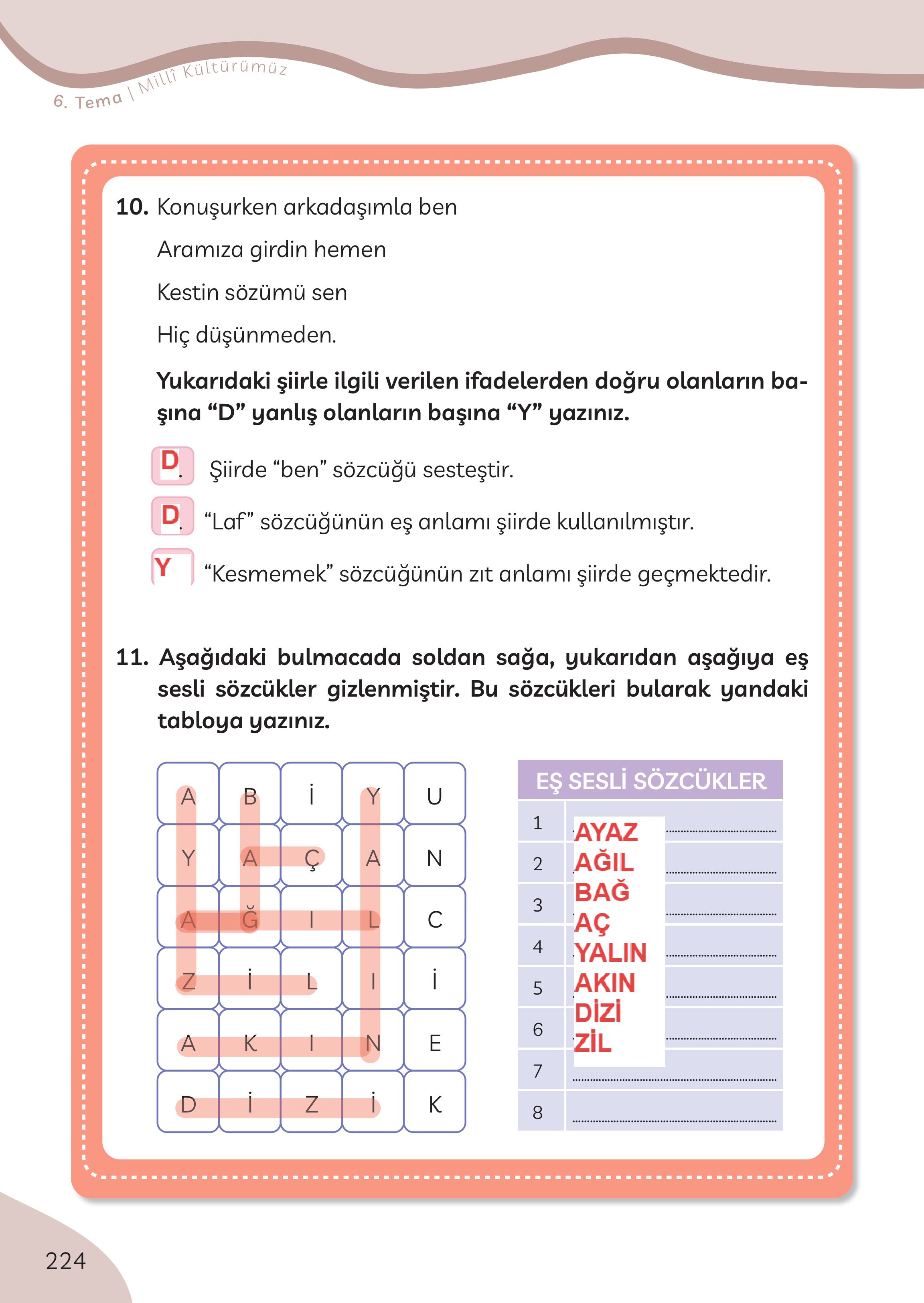 3. Sınıf Meb Yayınları Türkçe Ders Kitabı Sayfa 224 Cevapları