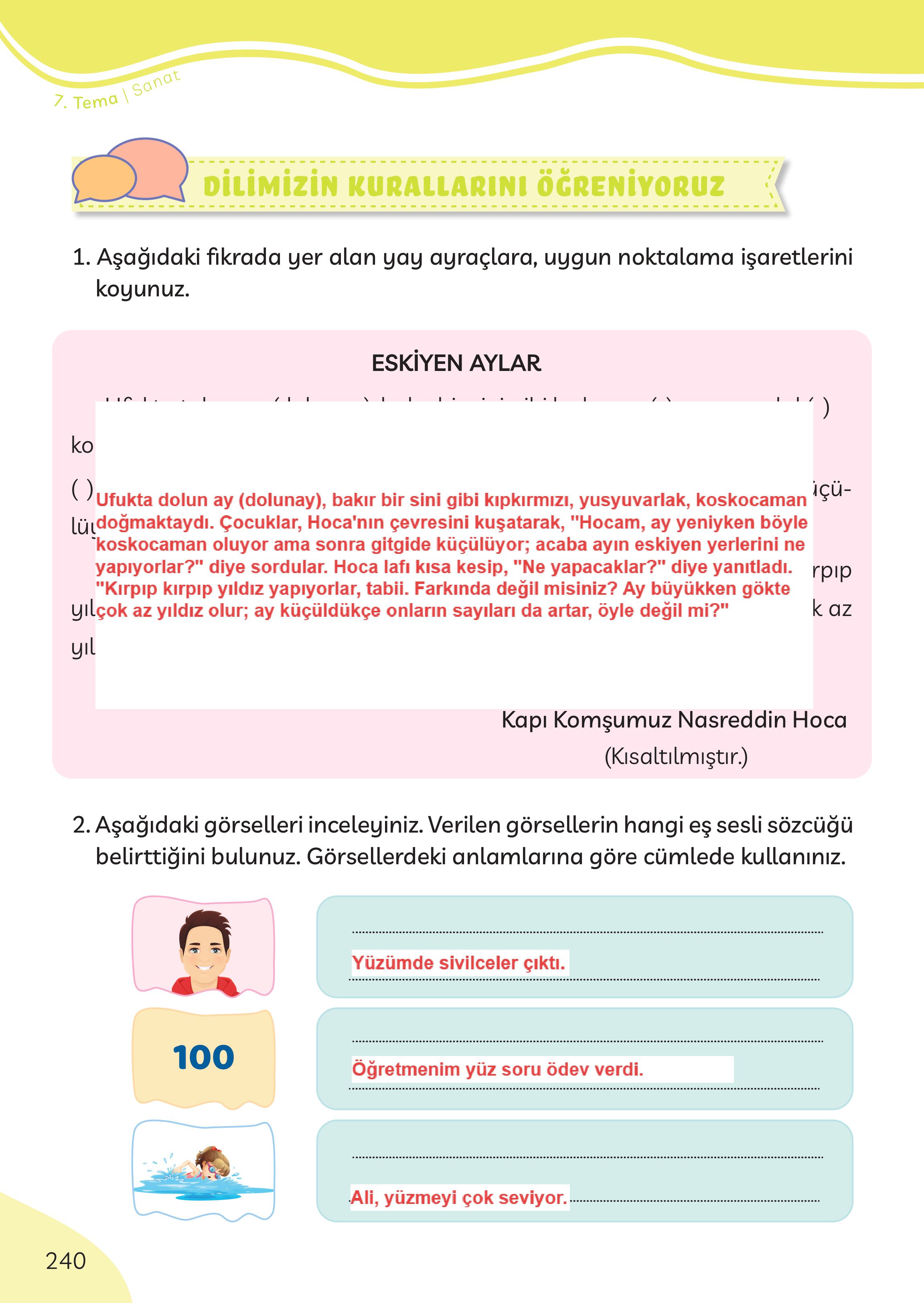 3. Sınıf Meb Yayınları Türkçe Ders Kitabı Sayfa 240 Cevapları