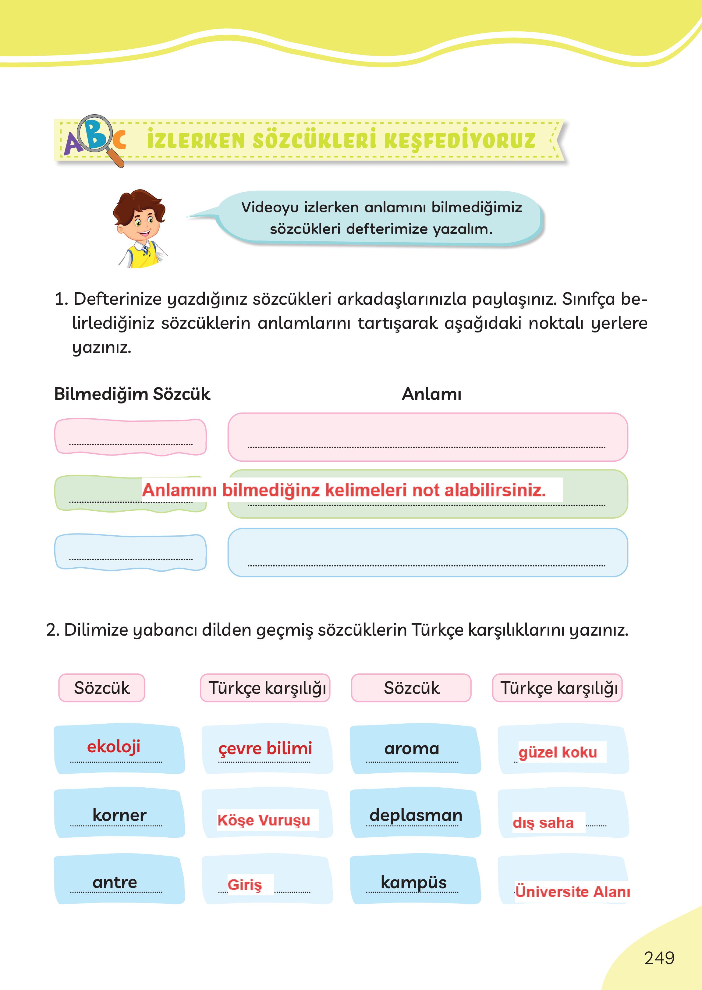 3. Sınıf Meb Yayınları Türkçe Ders Kitabı Sayfa 249 Cevapları