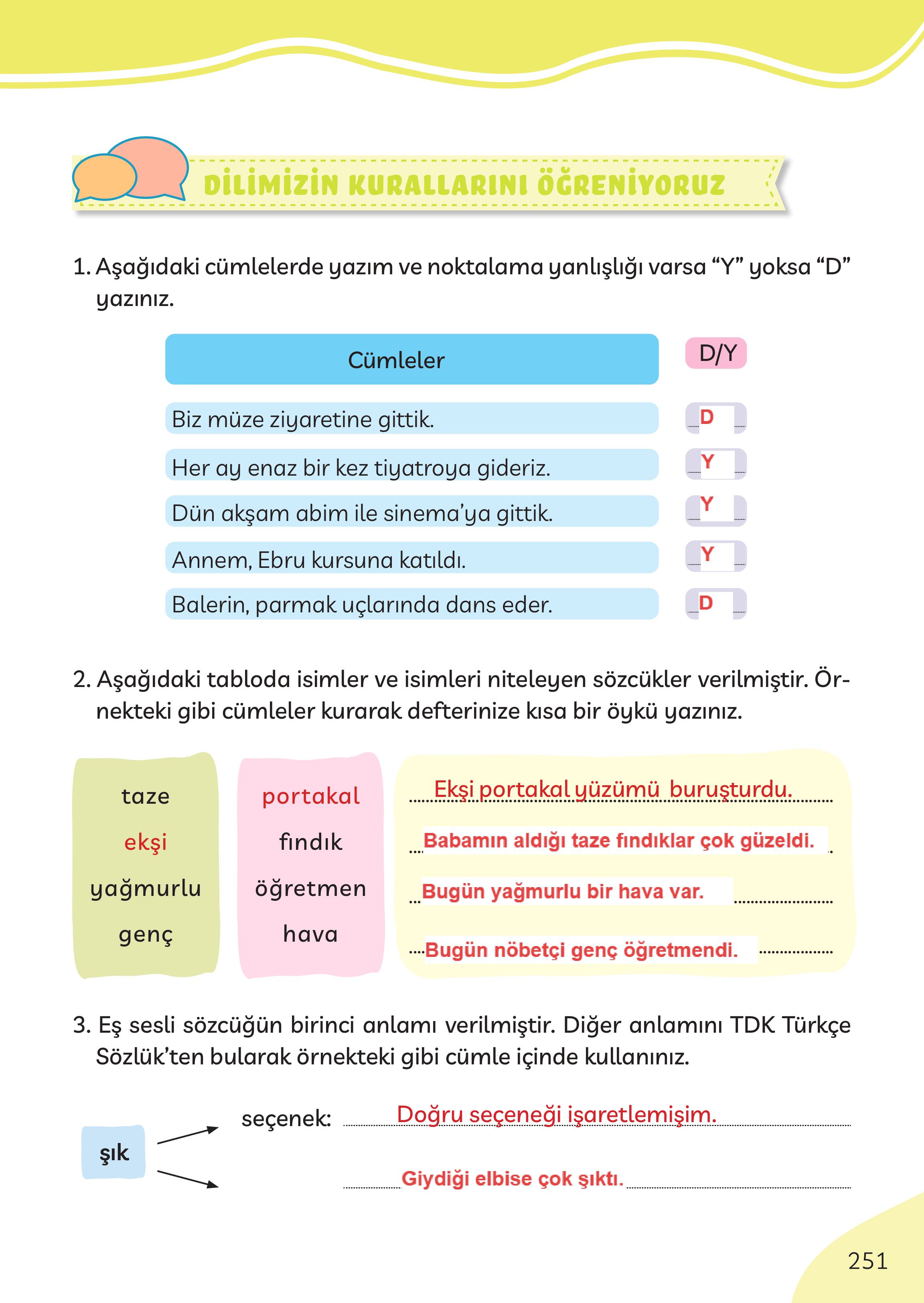 3. Sınıf Meb Yayınları Türkçe Ders Kitabı Sayfa 251 Cevapları