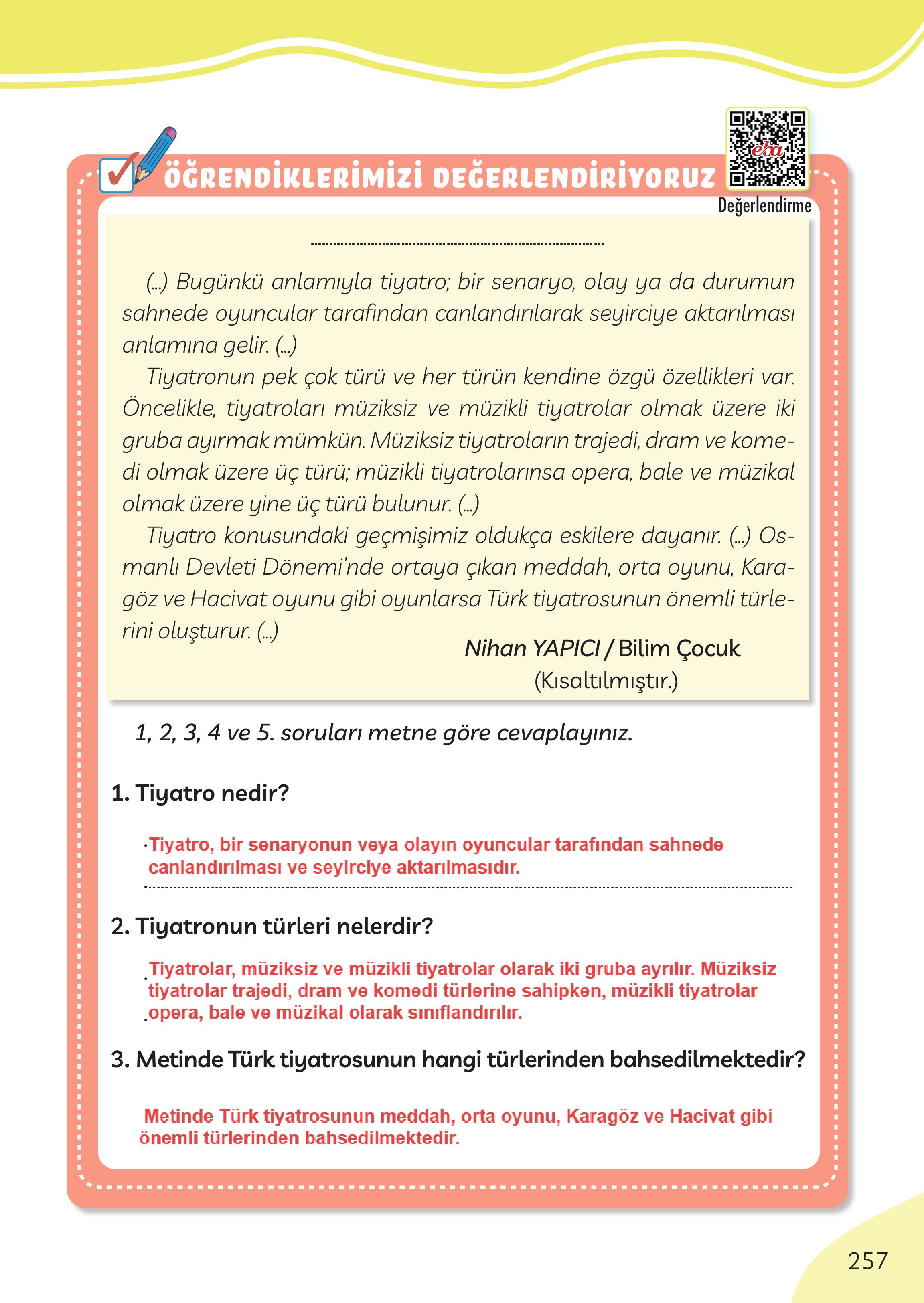 3. Sınıf Meb Yayınları Türkçe Ders Kitabı Sayfa 257 Cevapları