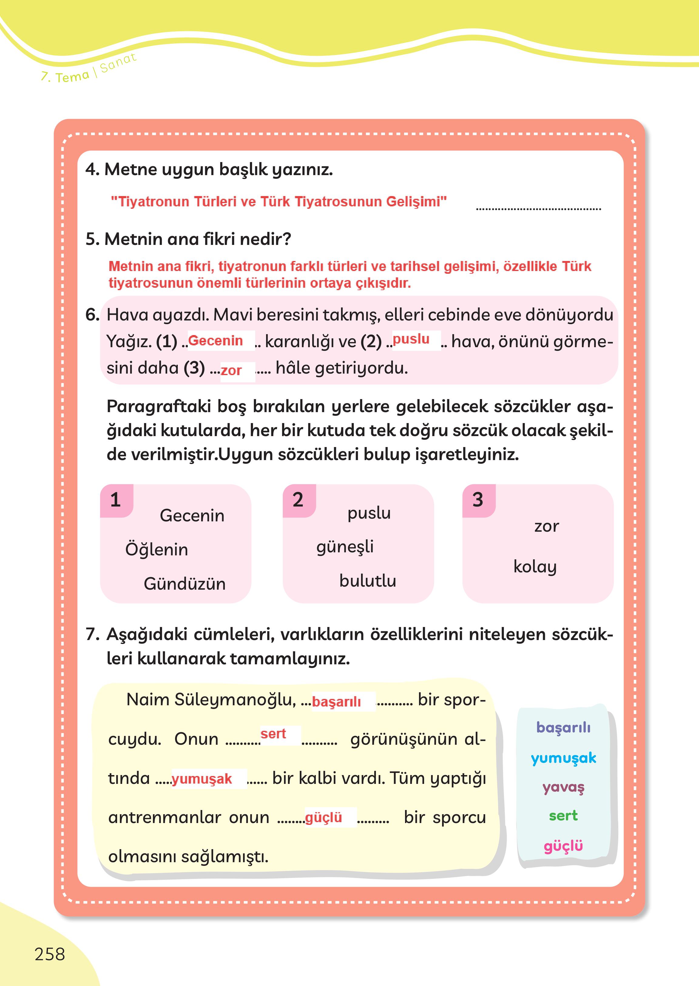 3. Sınıf Meb Yayınları Türkçe Ders Kitabı Sayfa 258 Cevapları