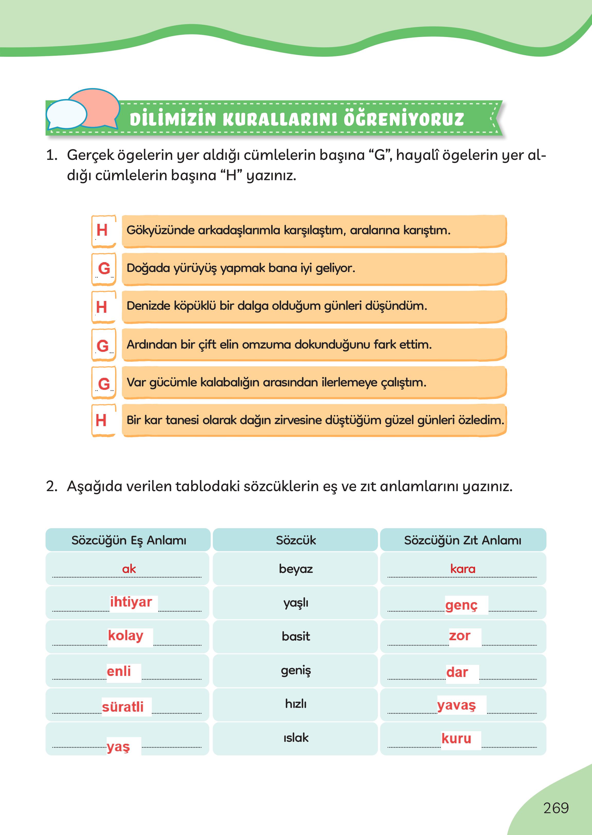 3. Sınıf Meb Yayınları Türkçe Ders Kitabı Sayfa 269 Cevapları