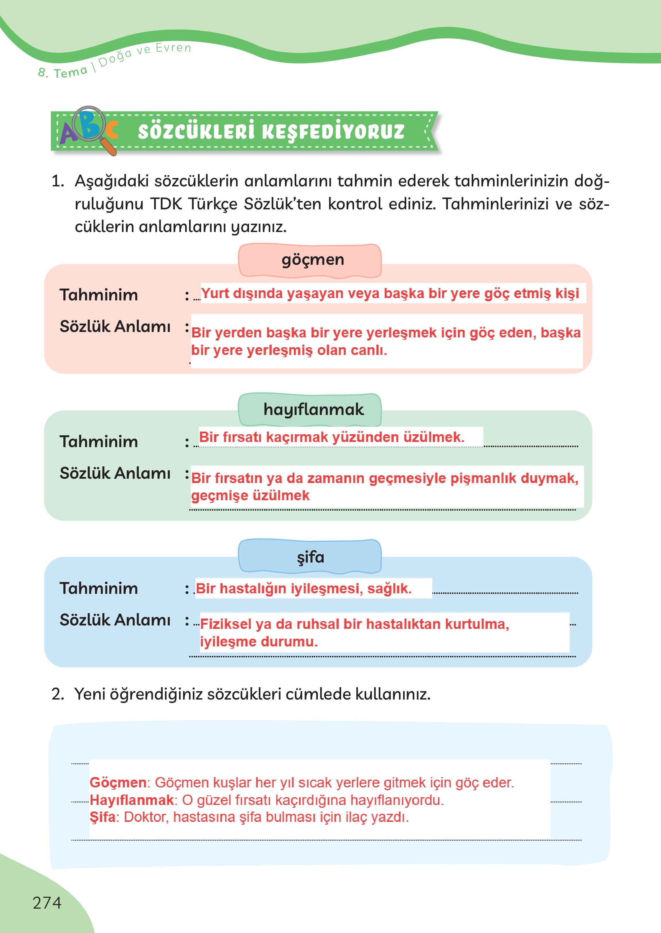 3. Sınıf Meb Yayınları Türkçe Ders Kitabı Sayfa 274 Cevapları