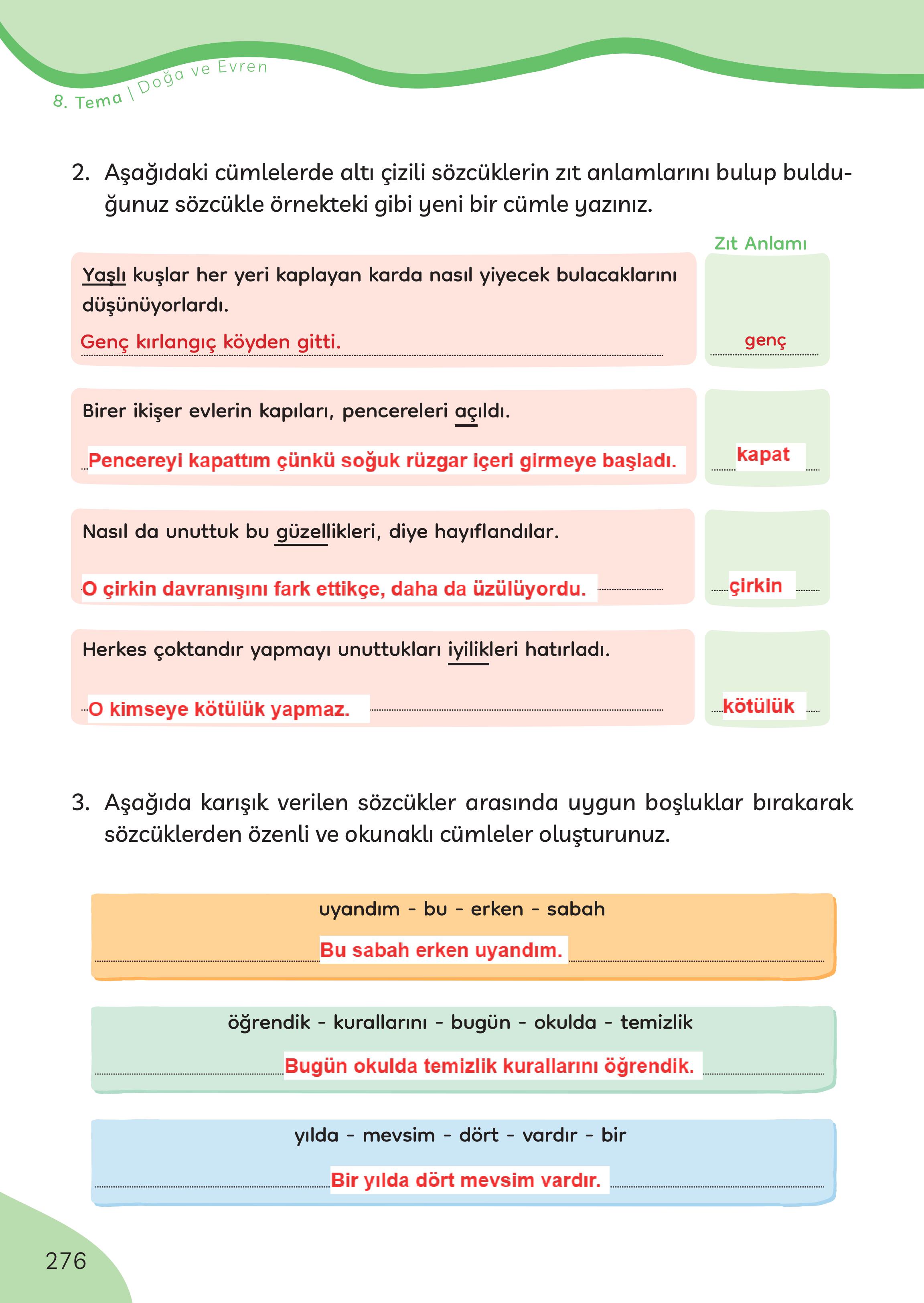 3. Sınıf Meb Yayınları Türkçe Ders Kitabı Sayfa 276 Cevapları