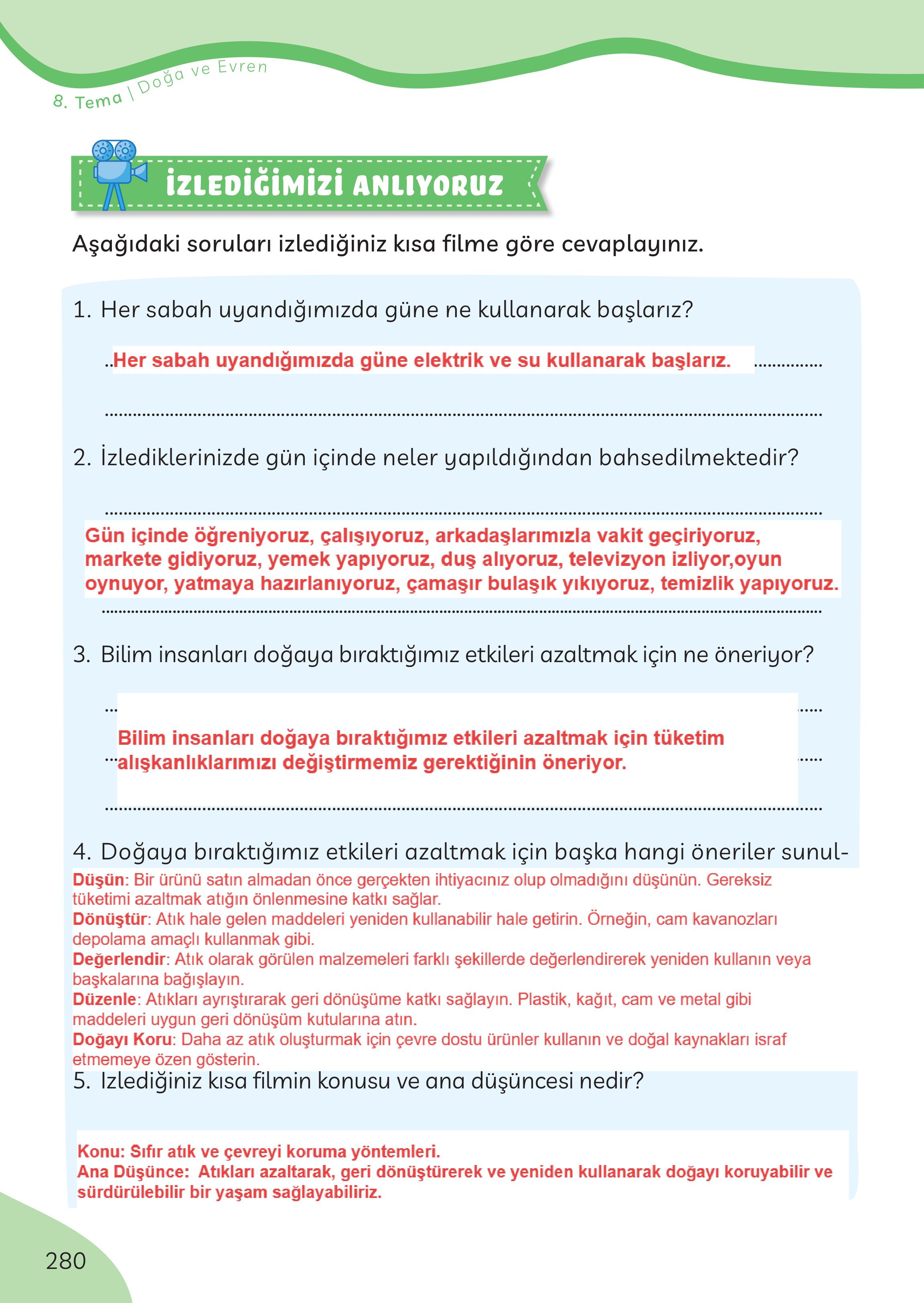 3. Sınıf Meb Yayınları Türkçe Ders Kitabı Sayfa 280 Cevapları