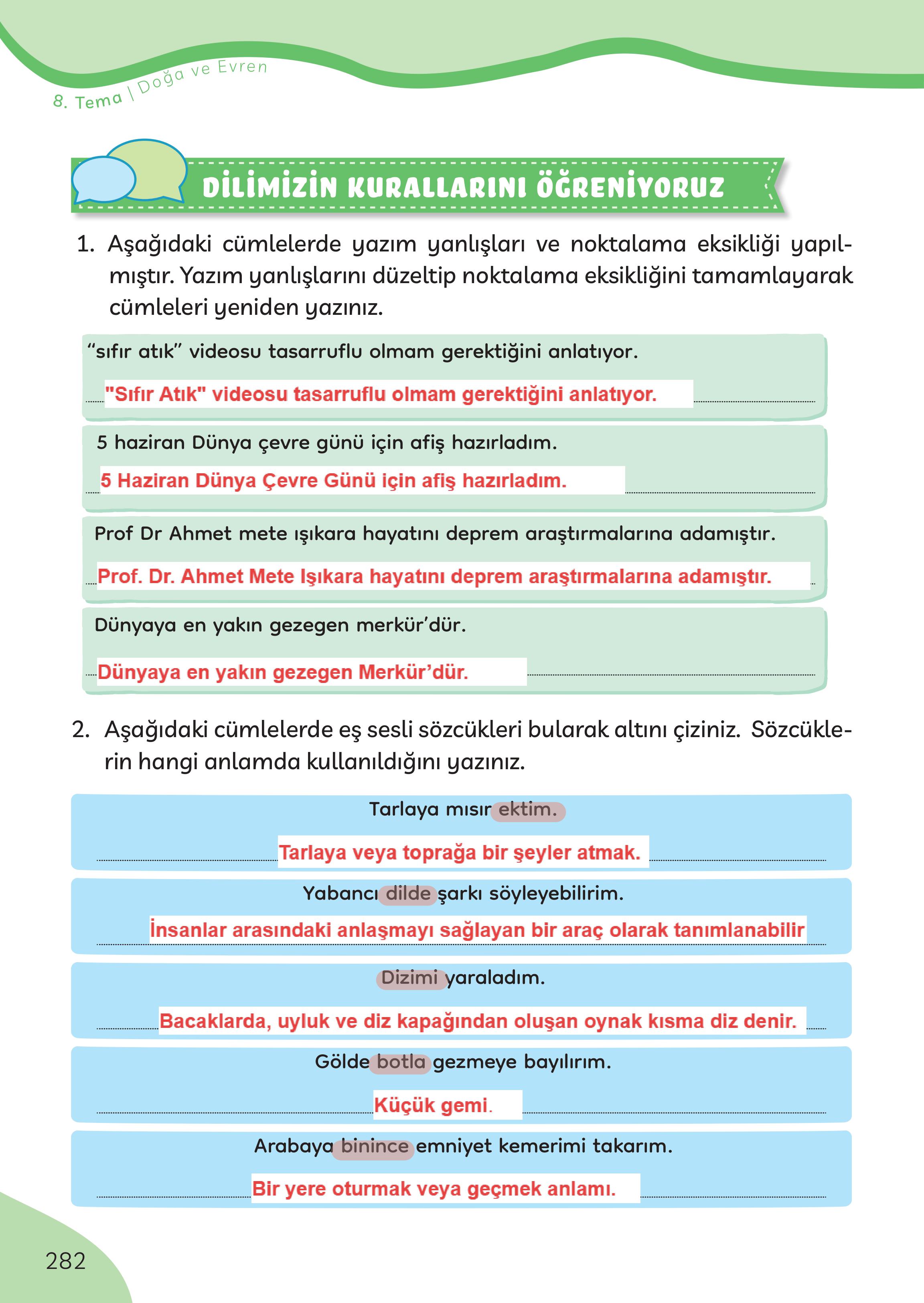 3. Sınıf Meb Yayınları Türkçe Ders Kitabı Sayfa 282 Cevapları