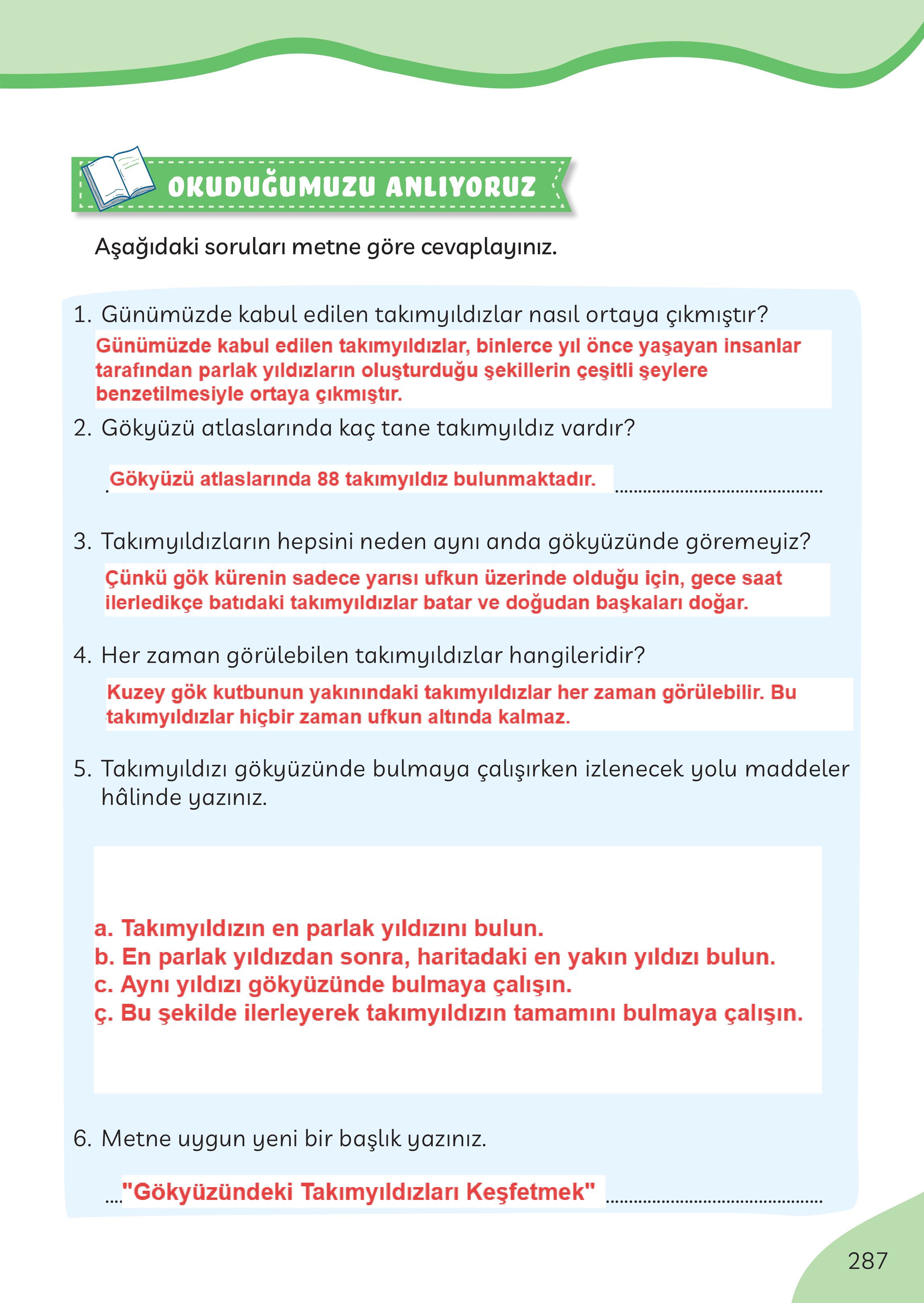 3. Sınıf Meb Yayınları Türkçe Ders Kitabı Sayfa 287 Cevapları