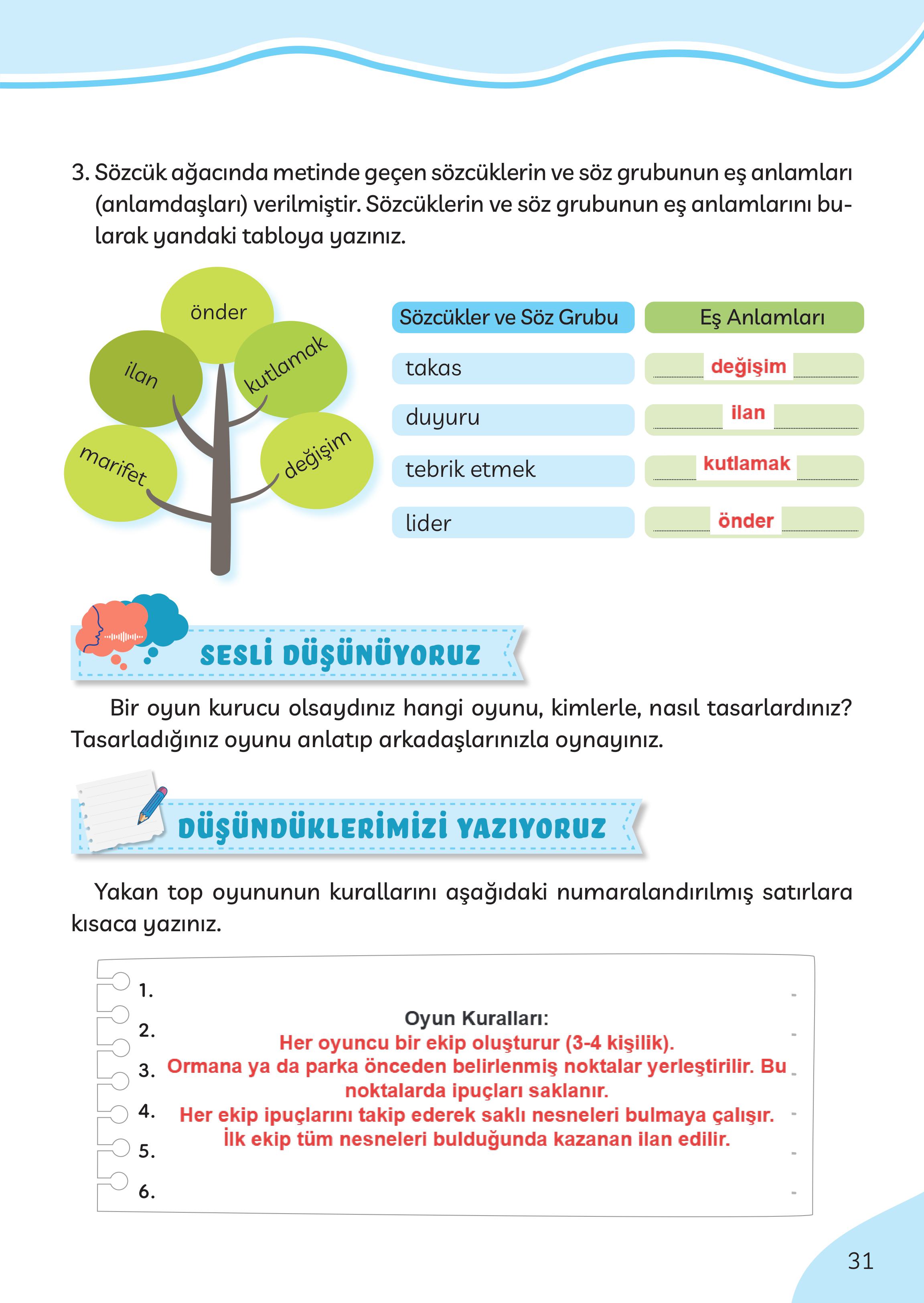 3. Sınıf Meb Yayınları Türkçe Ders Kitabı Sayfa 31 Cevapları