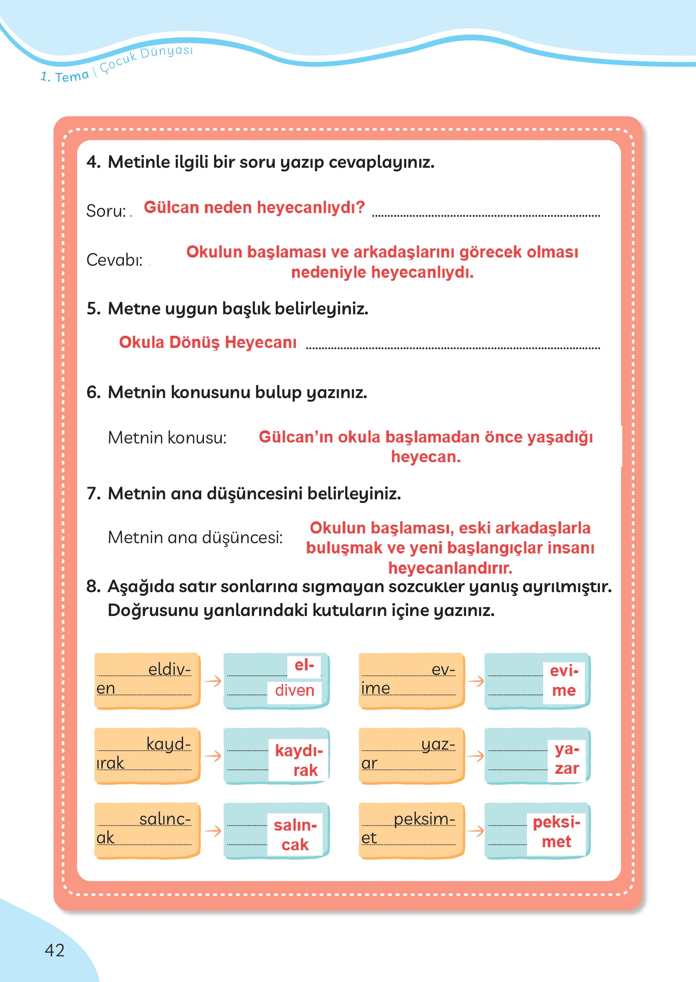 3. Sınıf Meb Yayınları Türkçe Ders Kitabı Sayfa 42 Cevapları