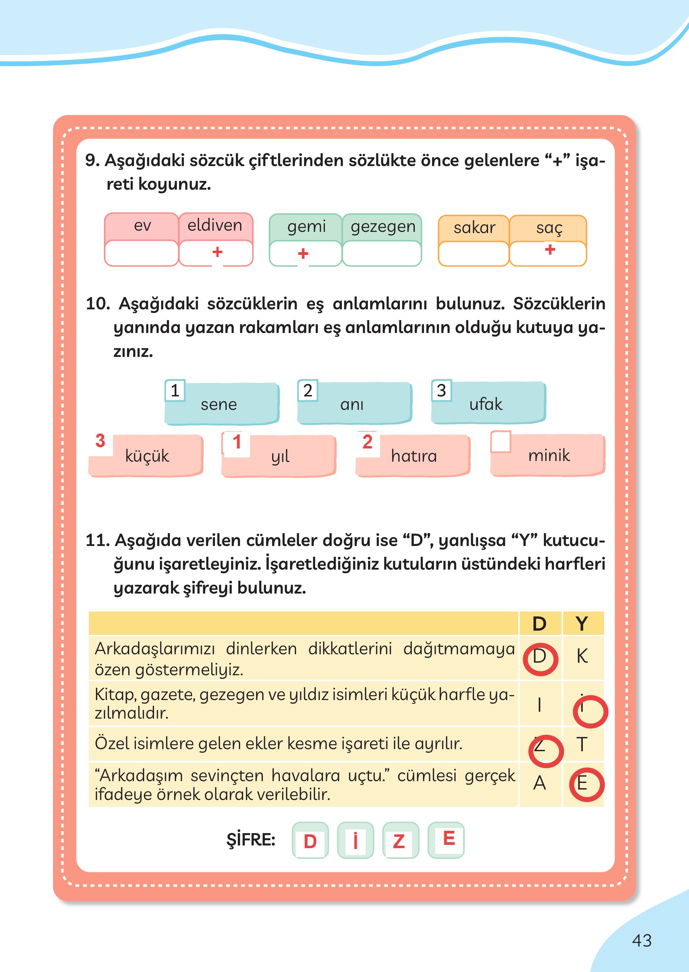 3. Sınıf Meb Yayınları Türkçe Ders Kitabı Sayfa 43 Cevapları