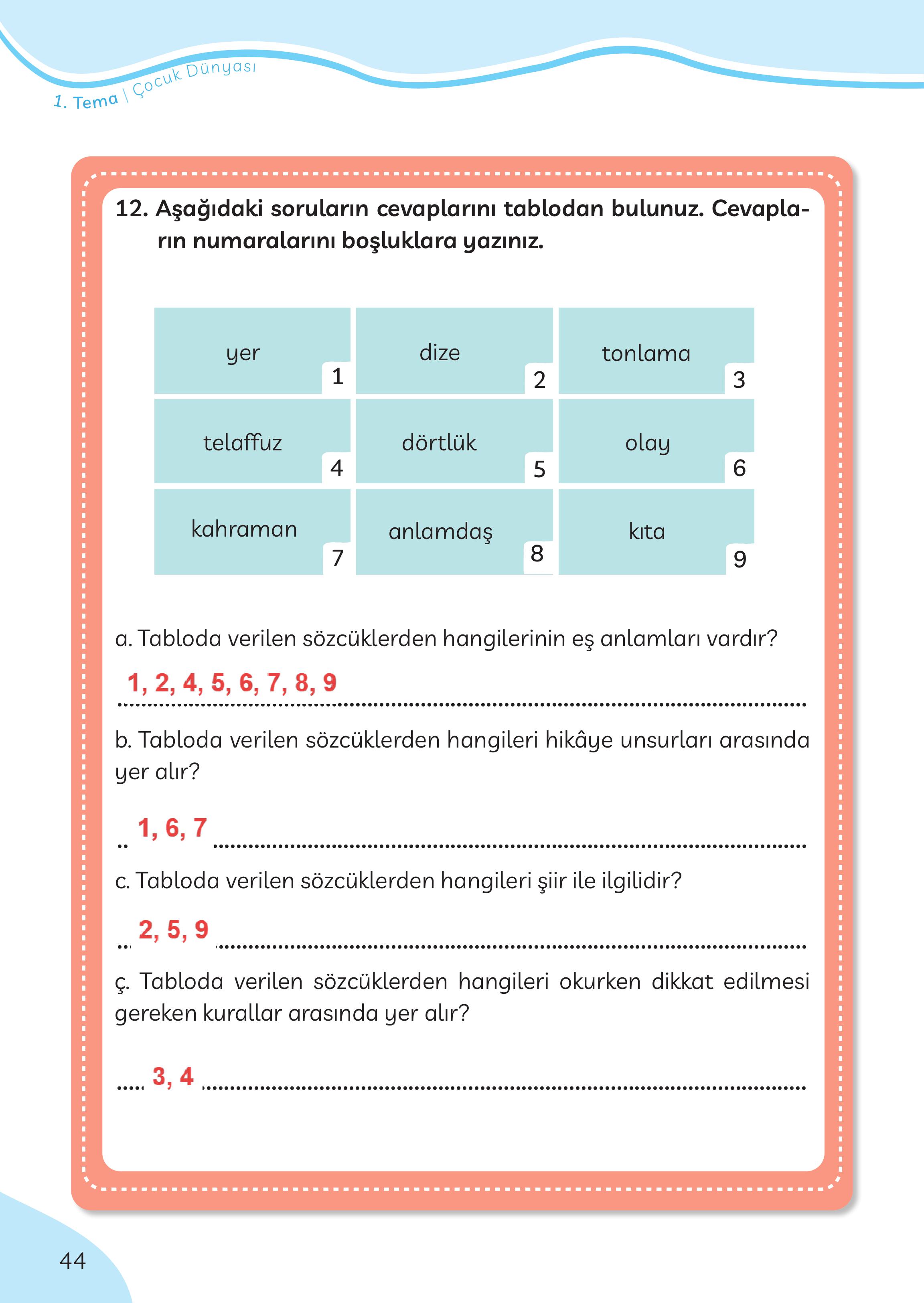 3. Sınıf Meb Yayınları Türkçe Ders Kitabı Sayfa 44 Cevapları