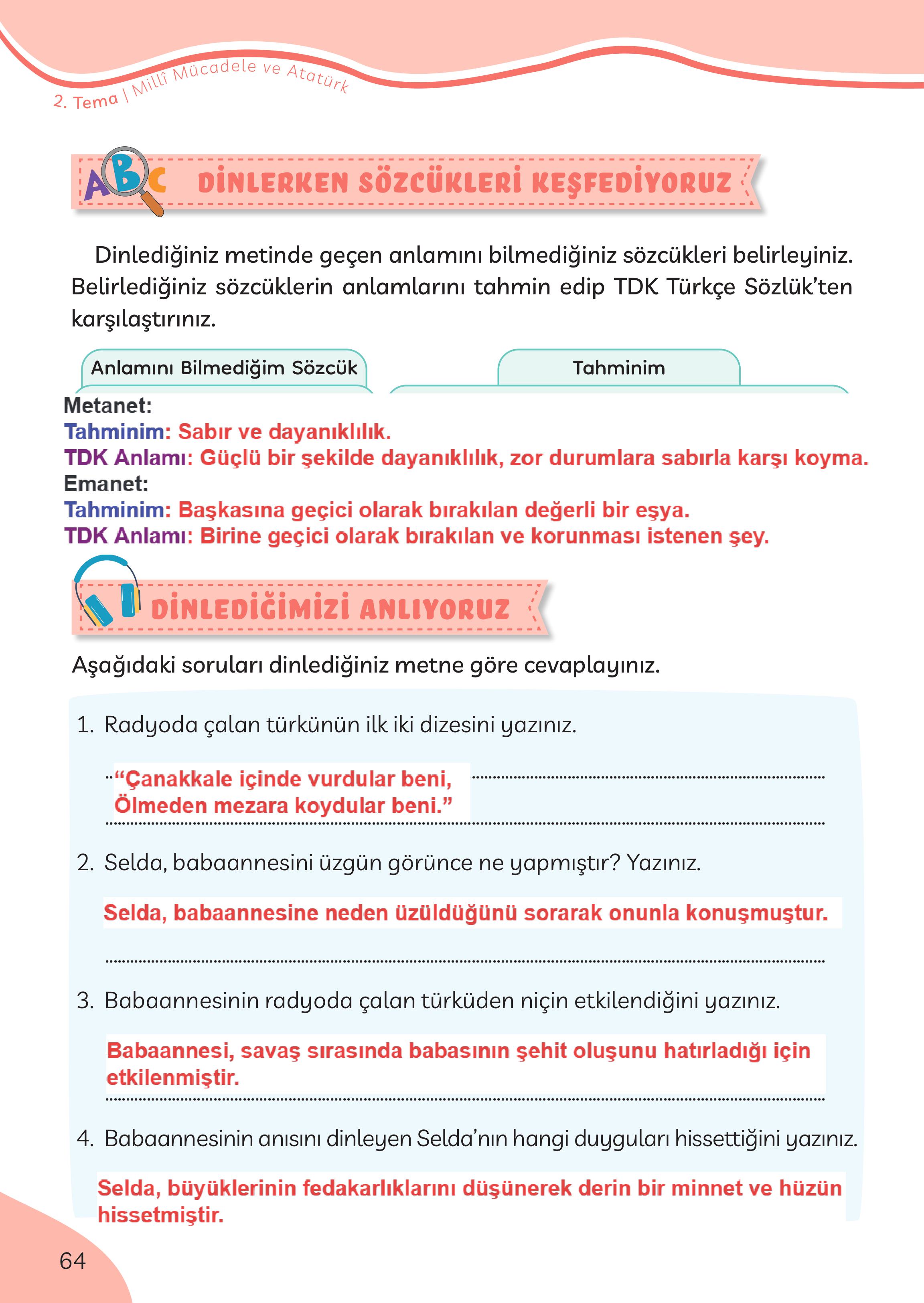 3. Sınıf Meb Yayınları Türkçe Ders Kitabı Sayfa 64 Cevapları