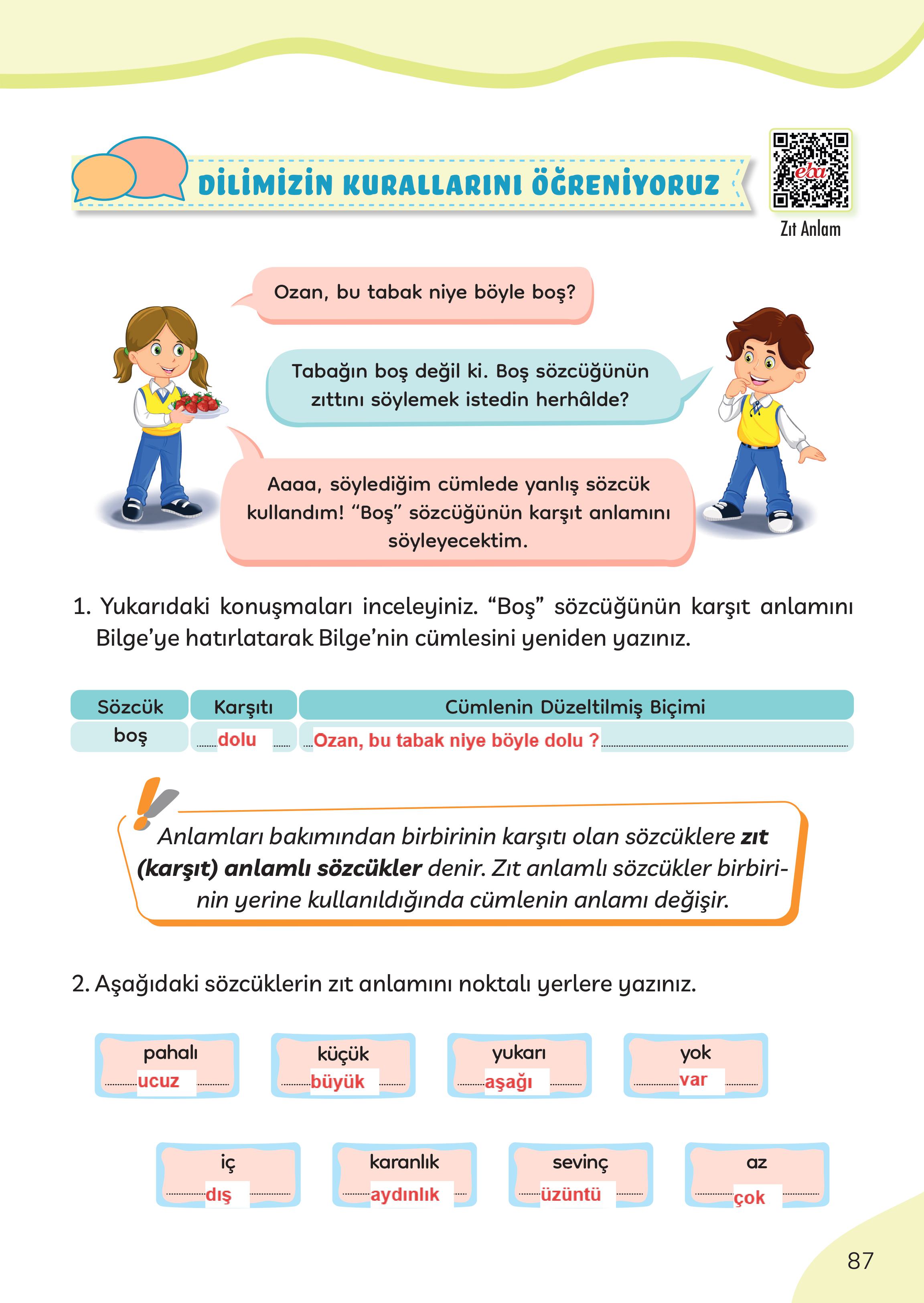 3. Sınıf Meb Yayınları Türkçe Ders Kitabı Sayfa 87 Cevapları