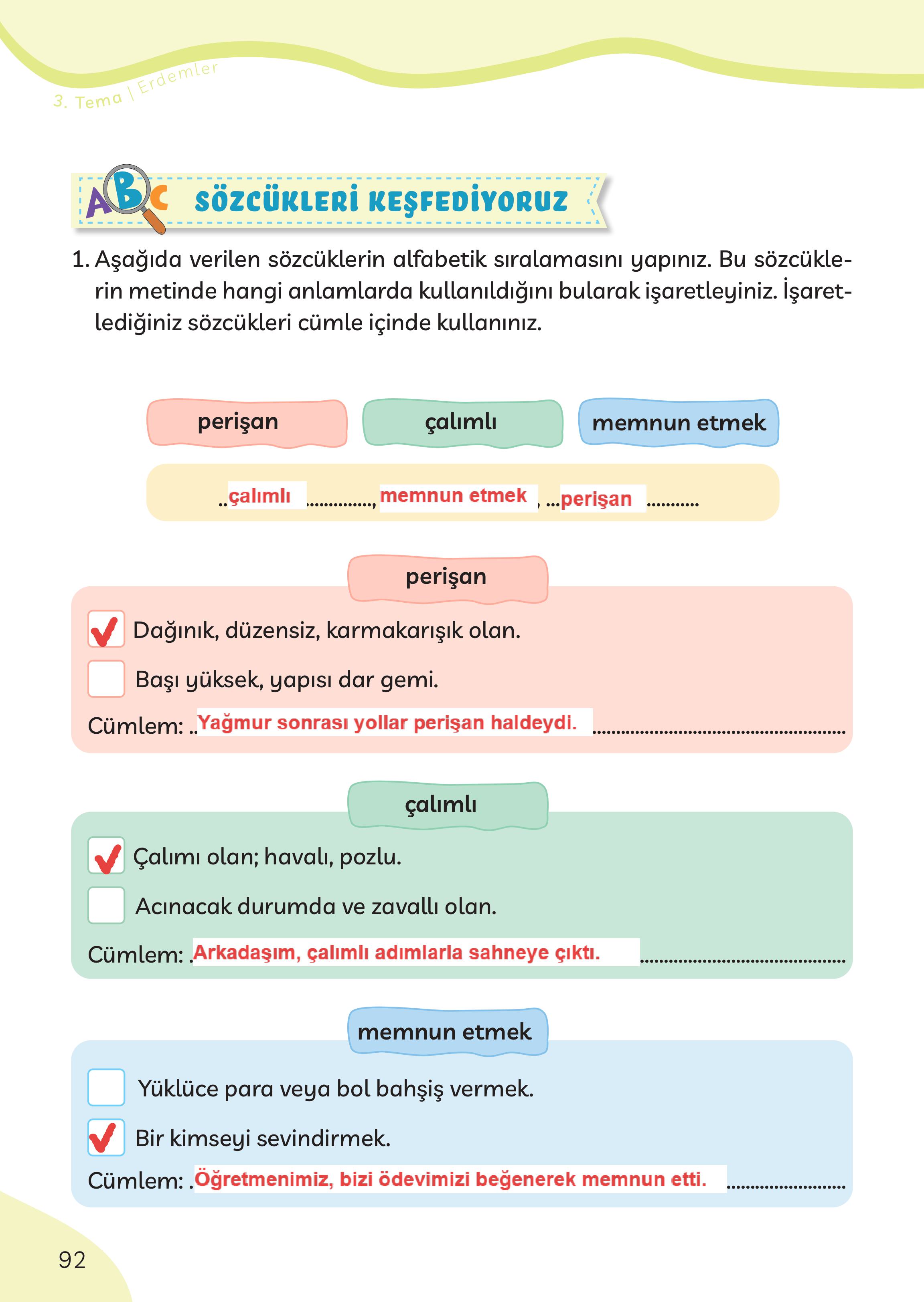 3. Sınıf Meb Yayınları Türkçe Ders Kitabı Sayfa 92 Cevapları