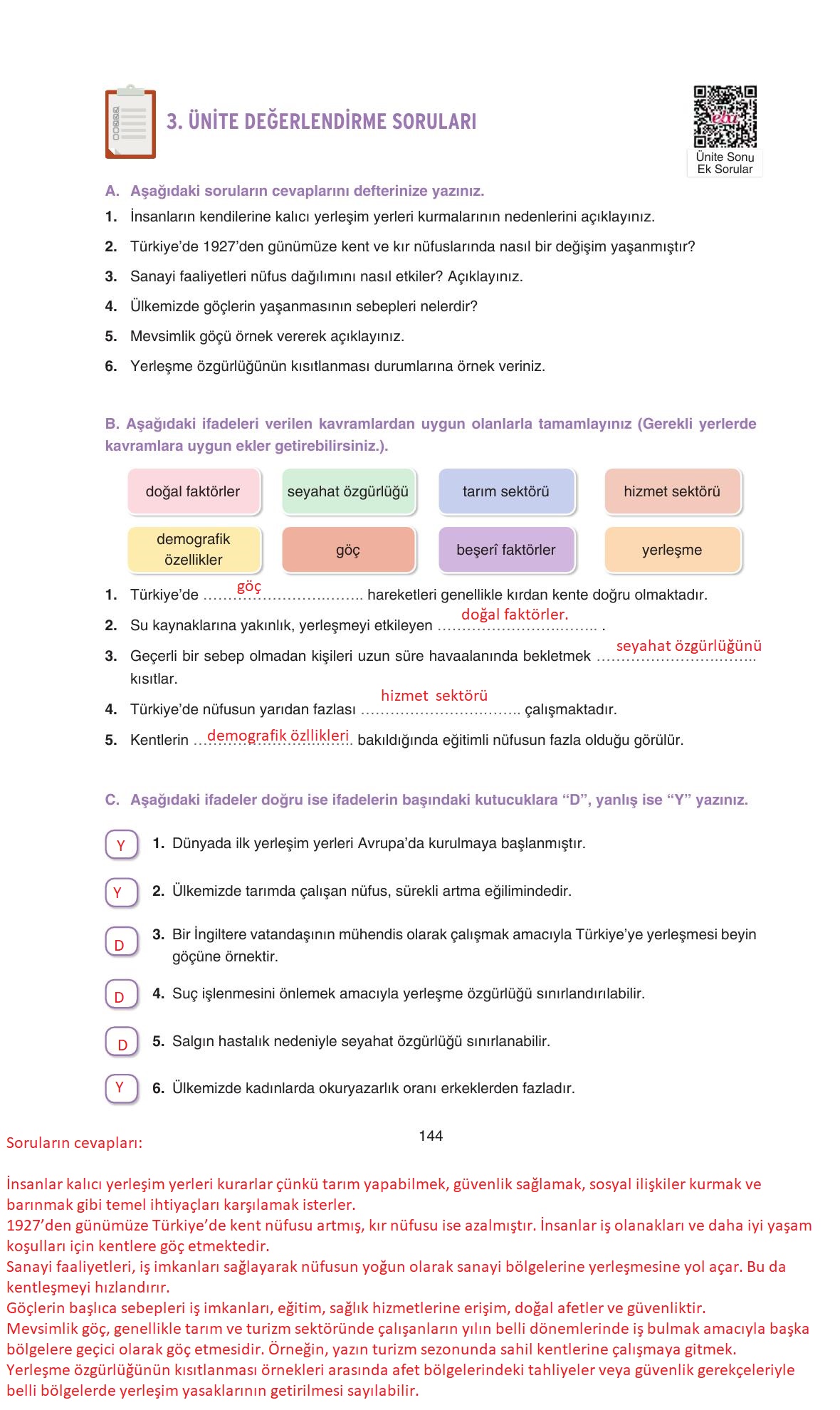 7. Sınıf Yıldırım Yayınları Sosyal Bilgiler Ders Kitabı Sayfa 144 Cevapları
