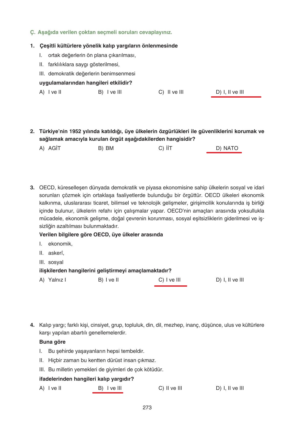 7. Sınıf Yıldırım Yayınları Sosyal Bilgiler Ders Kitabı Sayfa 273 Cevapları