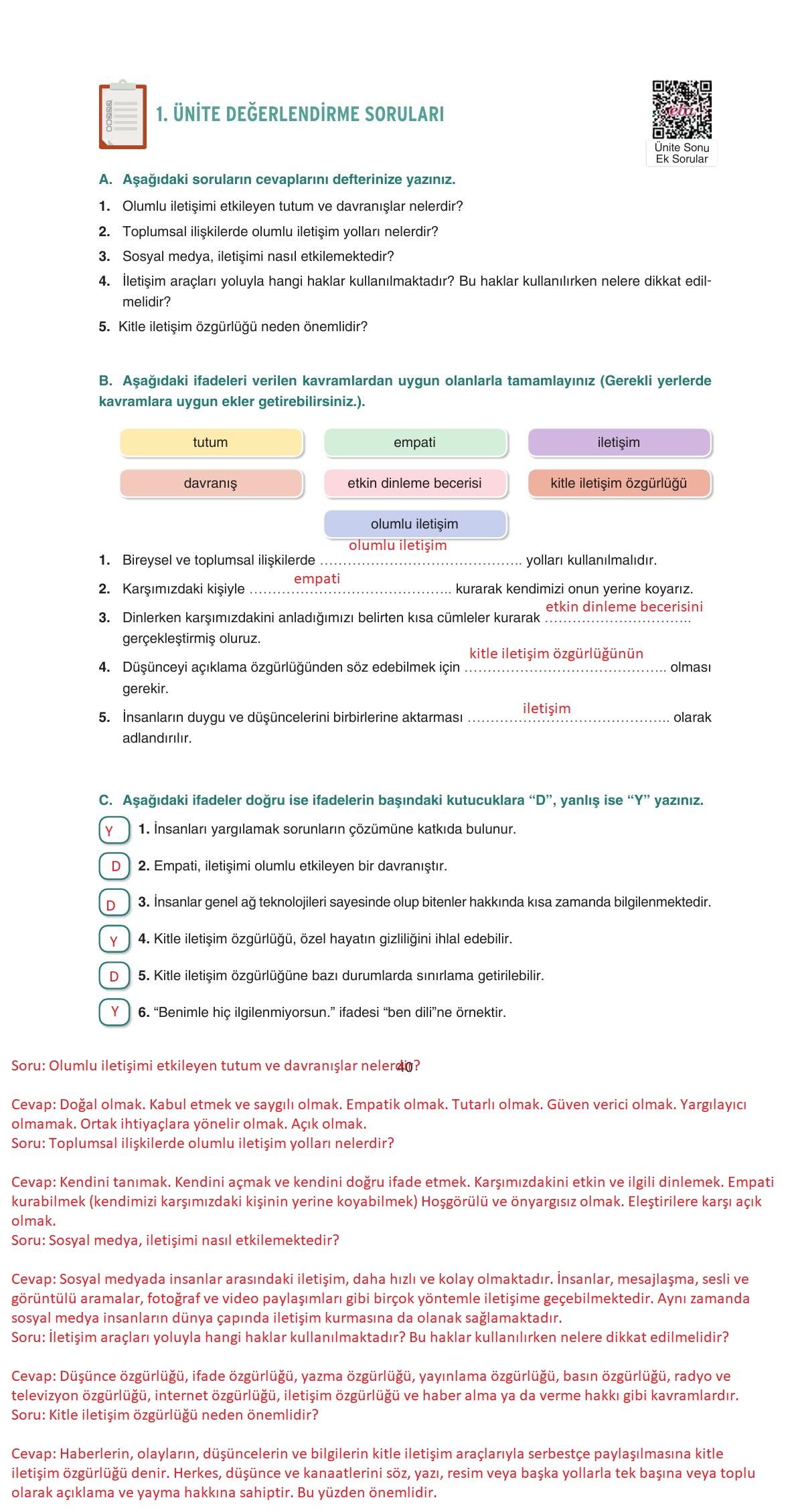 7. Sınıf Yıldırım Yayınları Sosyal Bilgiler Ders Kitabı Sayfa 40 Cevapları