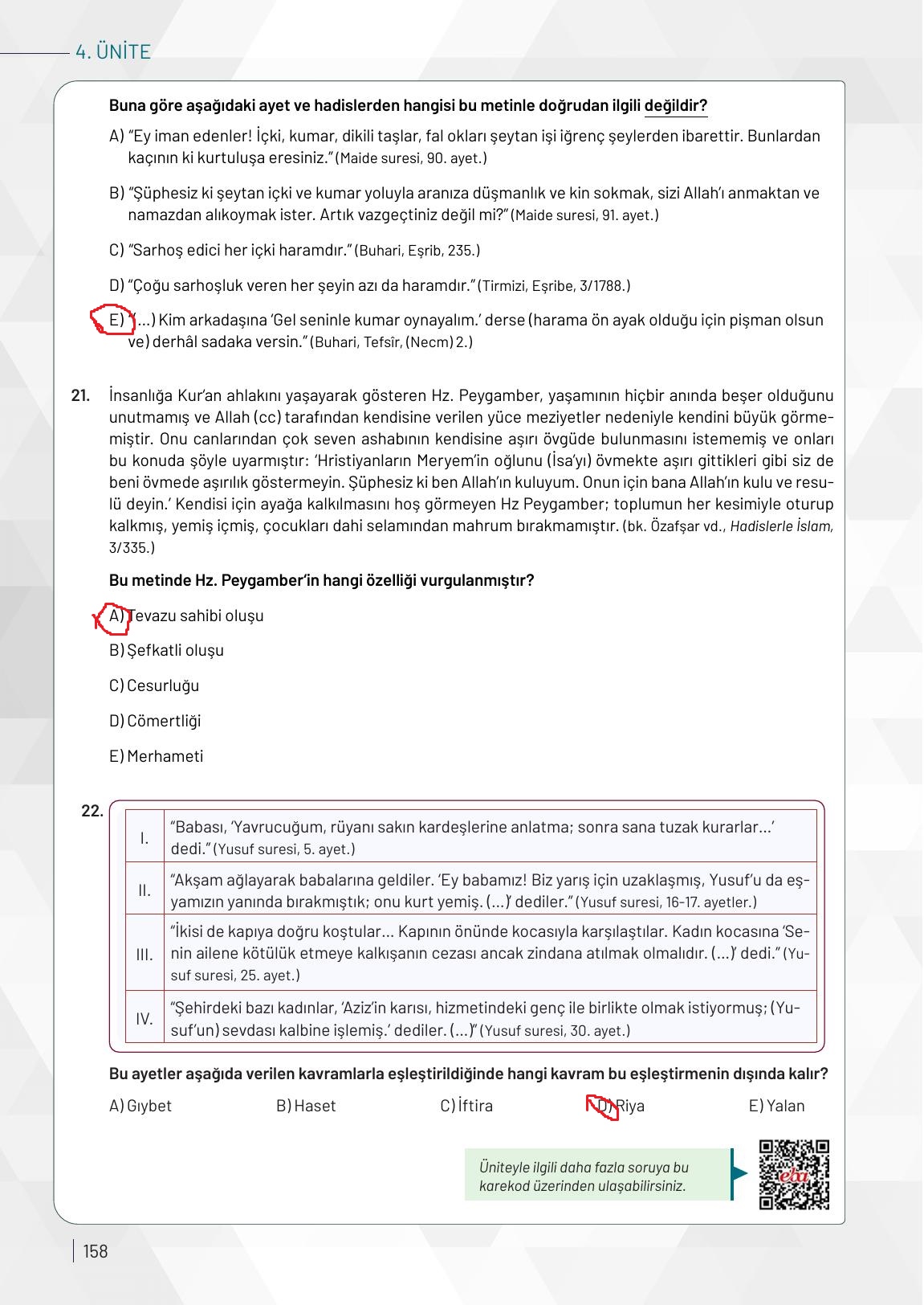 9. Sınıf Meb Yayınları Temel Dini Bilgiler Ders Kitabı Sayfa 158 Cevapları