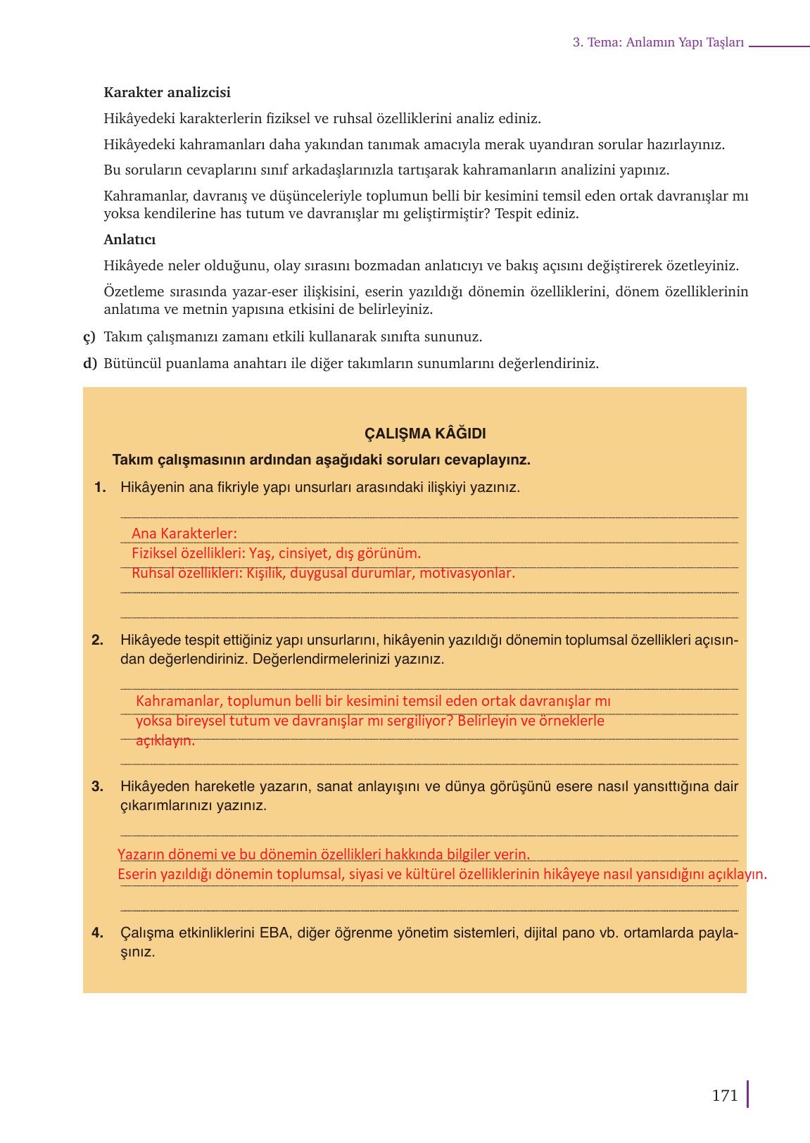 9. Sınıf Meb Yayınları Türkçe Ders Kitabı Sayfa 171 Cevapları