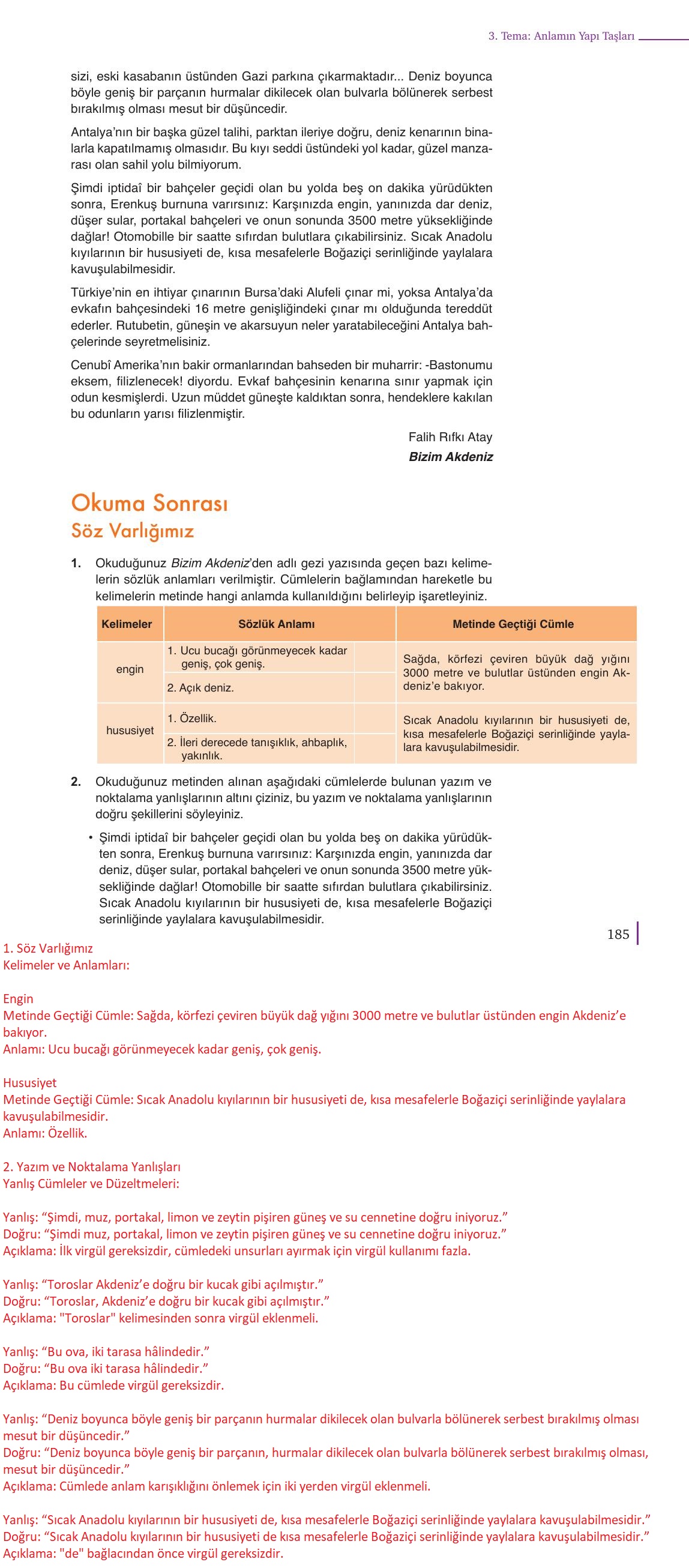 9. Sınıf Meb Yayınları Türkçe Ders Kitabı Sayfa 185 Cevapları