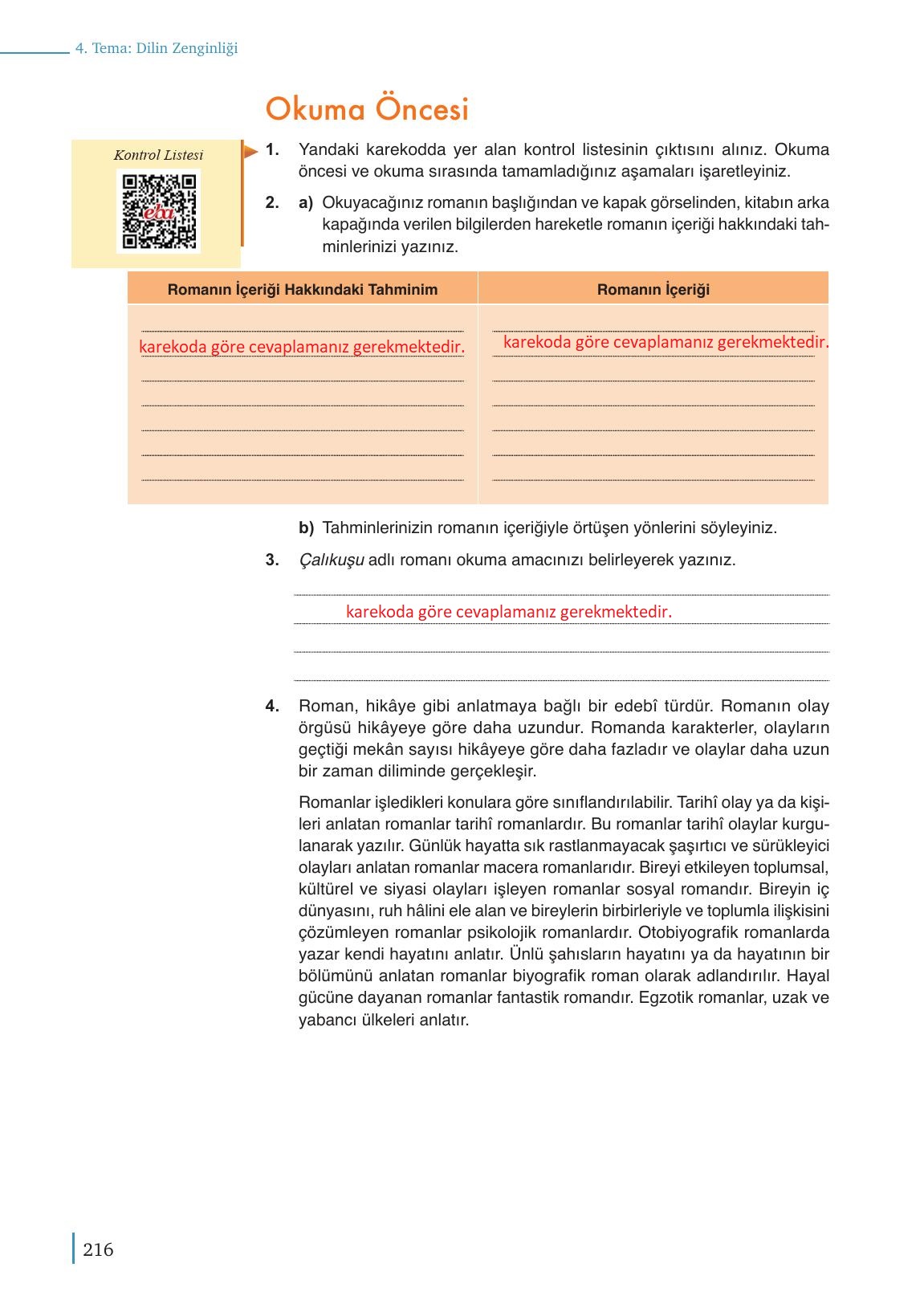 9. Sınıf Meb Yayınları Türkçe Ders Kitabı Sayfa 216 Cevapları