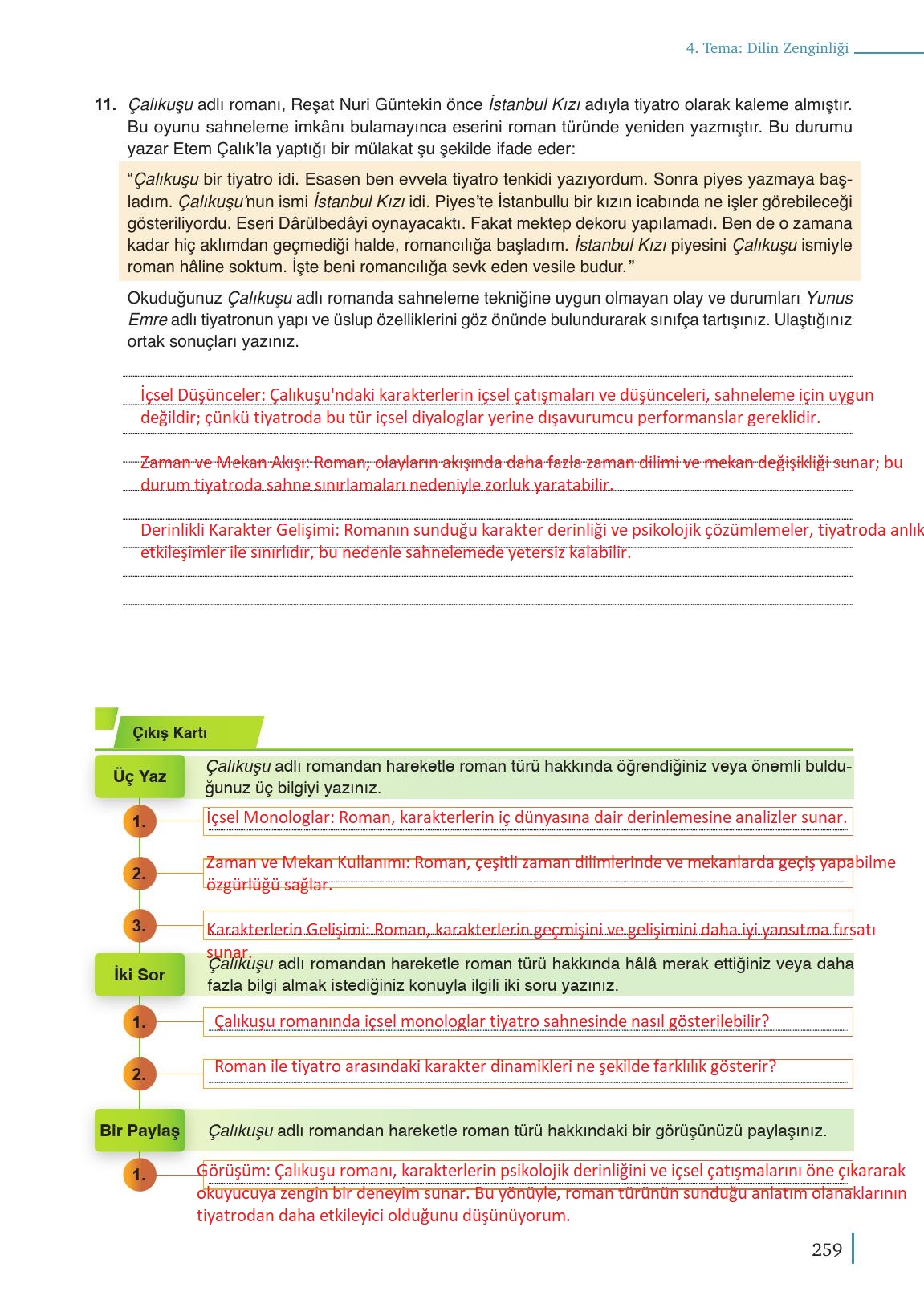 9. Sınıf Meb Yayınları Türkçe Ders Kitabı Sayfa 259 Cevapları