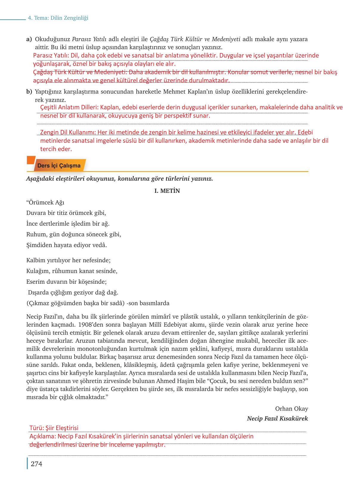 9. Sınıf Meb Yayınları Türkçe Ders Kitabı Sayfa 274 Cevapları