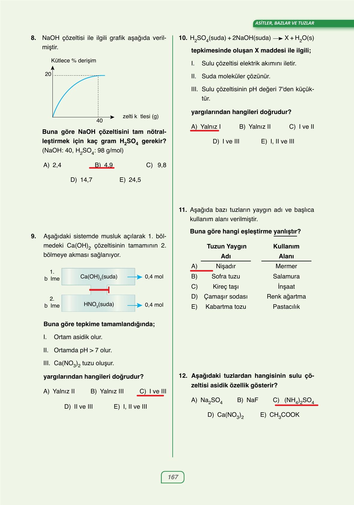 10. Sınıf Ata Yayıncılık Kimya Ders Kitabı Sayfa 167 Cevapları