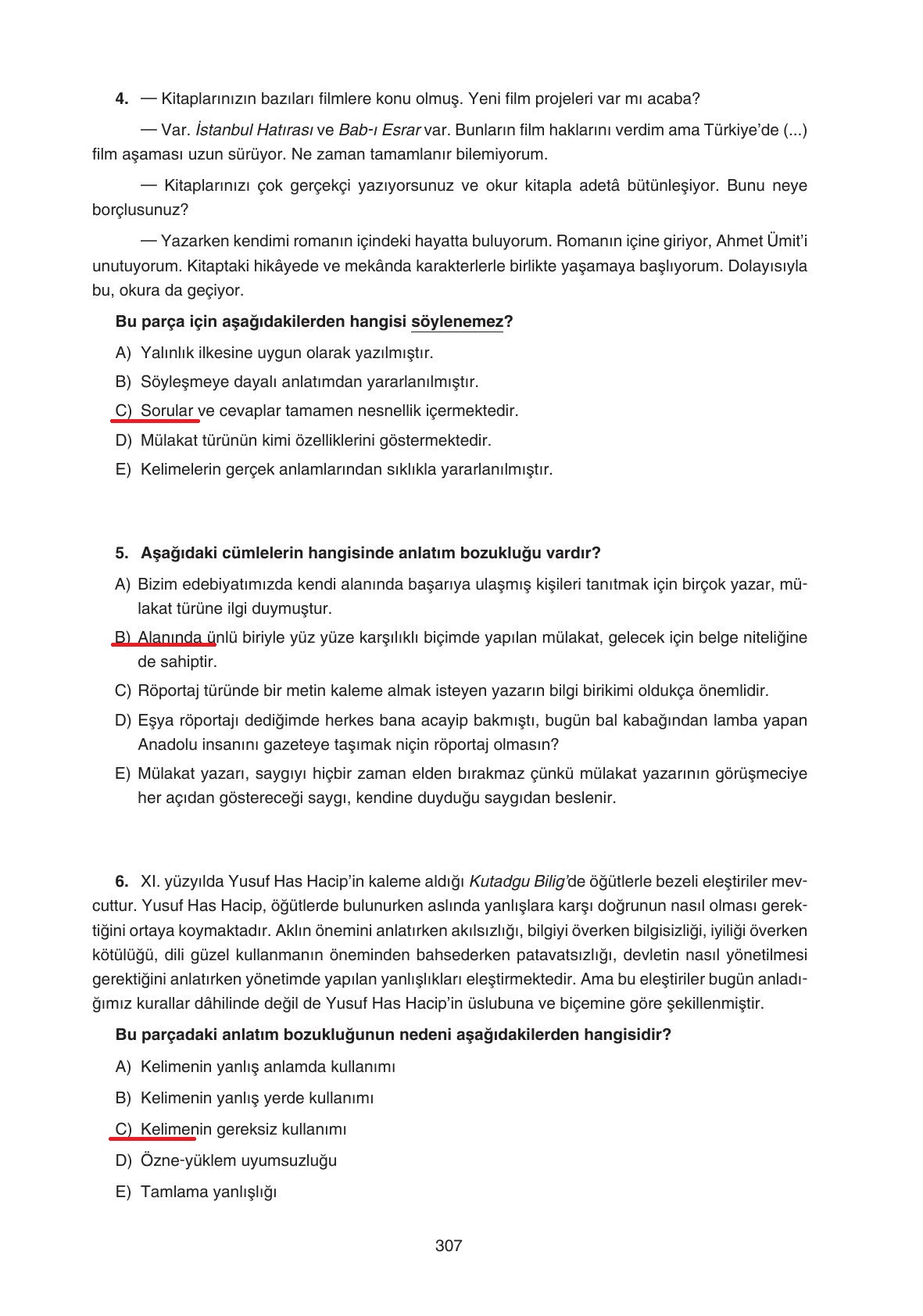 11. Sınıf Gizem Yayınları Türk Dili Ve Edebiyatı Ders Kitabı Sayfa 307 Cevapları