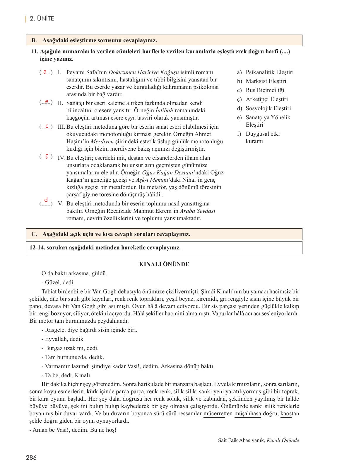 11. Sınıf Meb Yayınları Metin Tahlilleri Ders Kitabı Sayfa 286 Cevapları