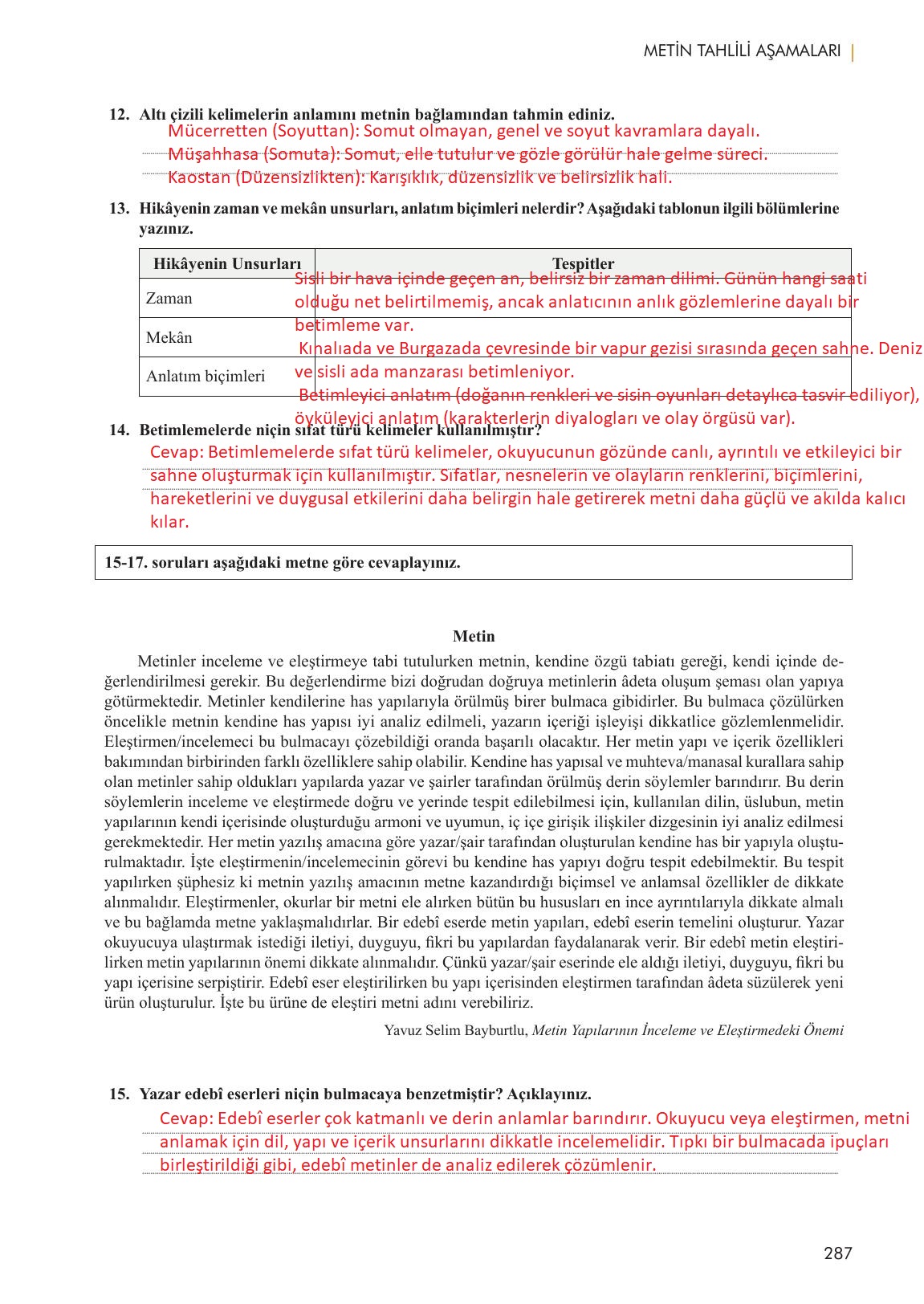 11. Sınıf Meb Yayınları Metin Tahlilleri Ders Kitabı Sayfa 287 Cevapları