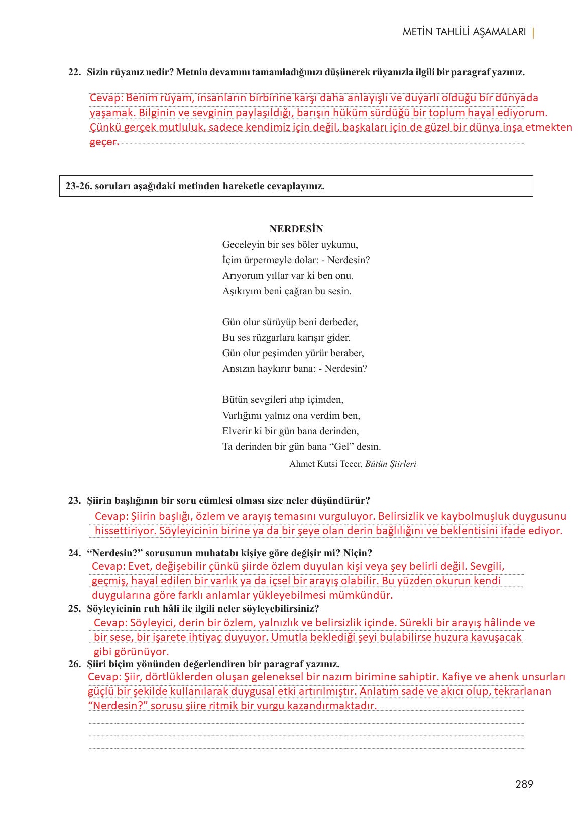 11. Sınıf Meb Yayınları Metin Tahlilleri Ders Kitabı Sayfa 289 Cevapları