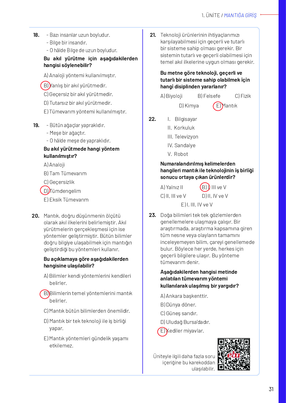 12. Sınıf Meb Yayınları Mantık Ders Kitabı Sayfa 31 Cevapları