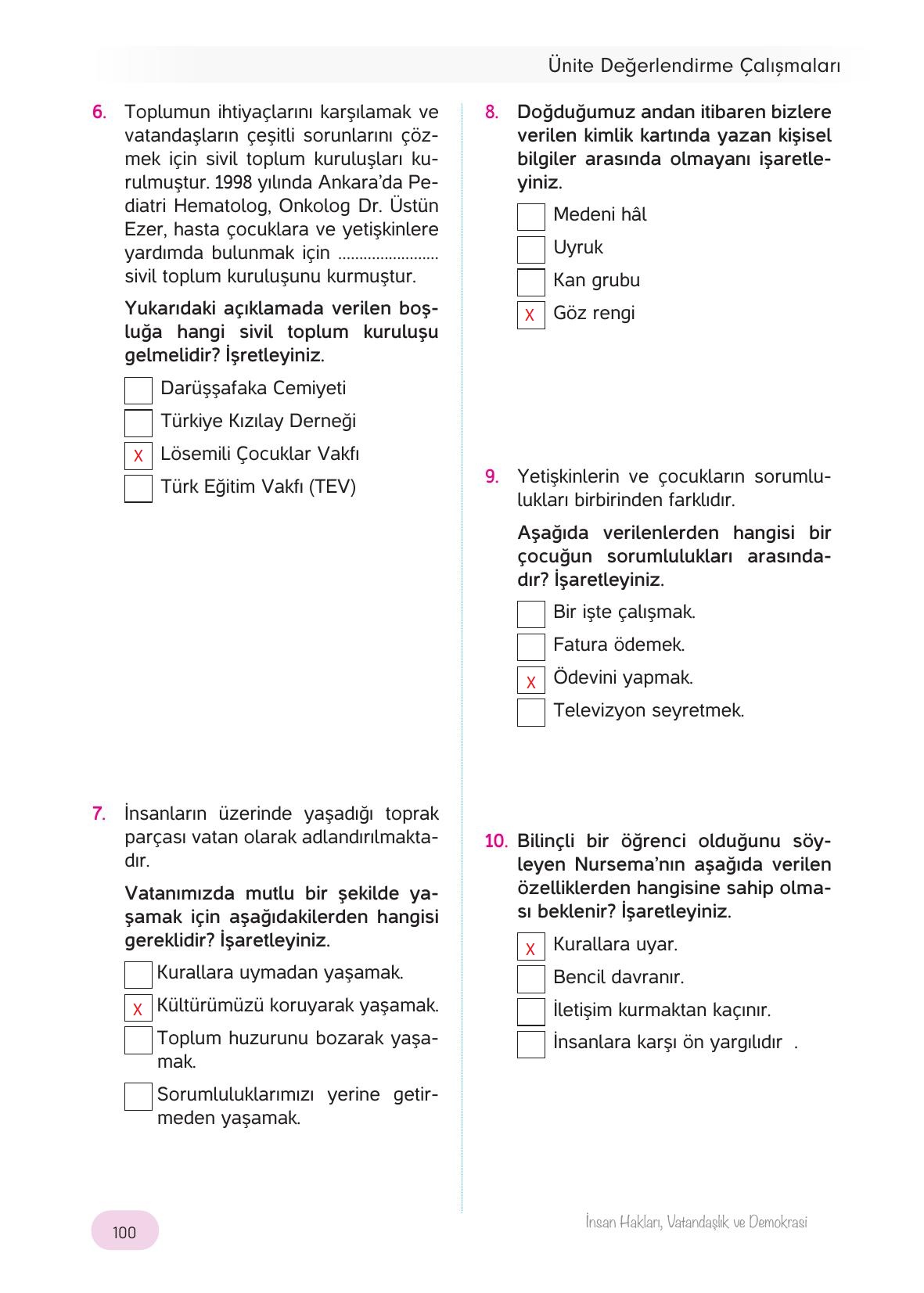 4. Sınıf Hecce Yayıncılık İnsan Hakları Yurttaşlık Ve Demokrasi Ders Kitabı Sayfa 100 Cevapları