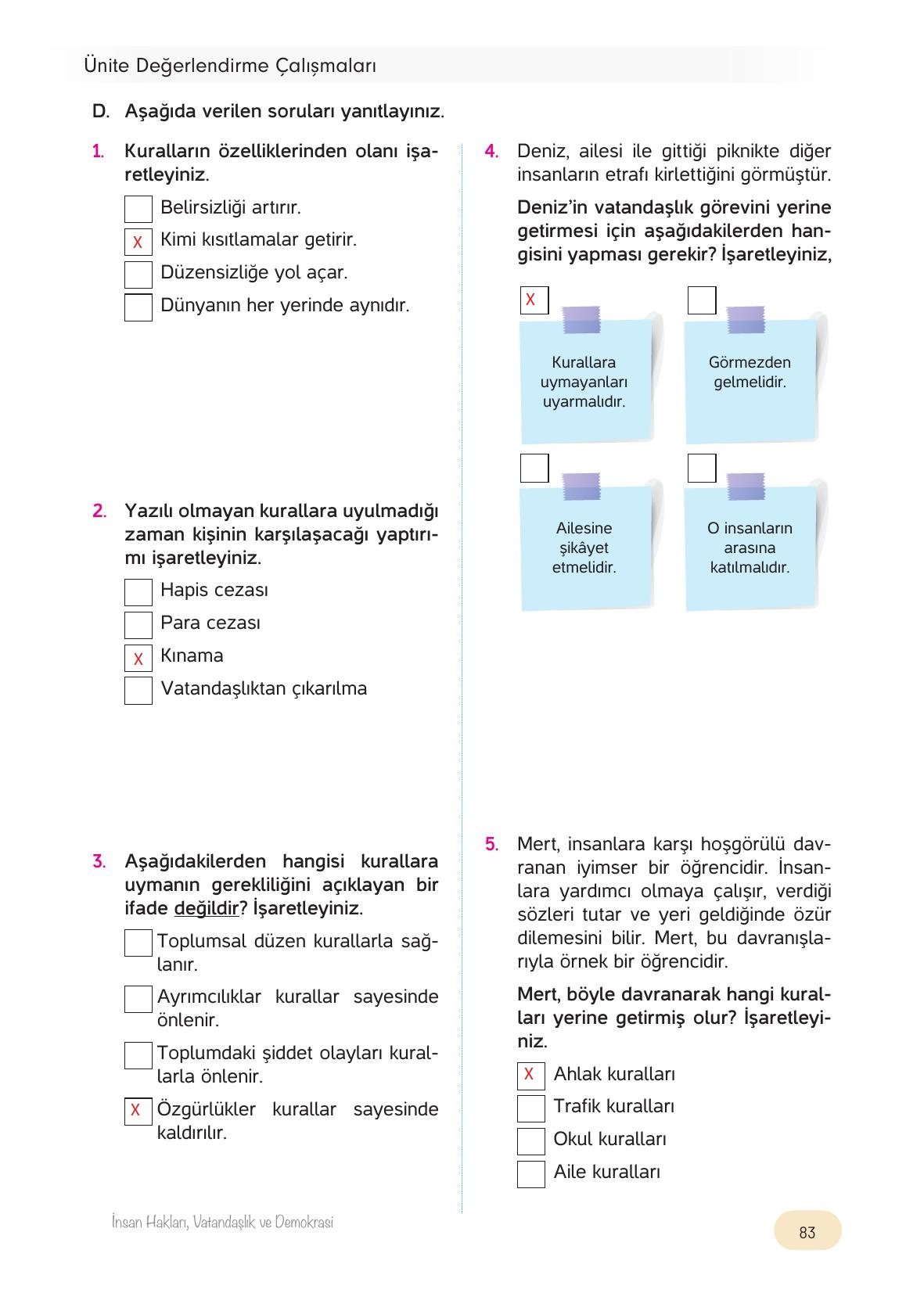 4. Sınıf Hecce Yayıncılık İnsan Hakları Yurttaşlık Ve Demokrasi Ders Kitabı Sayfa 83 Cevapları