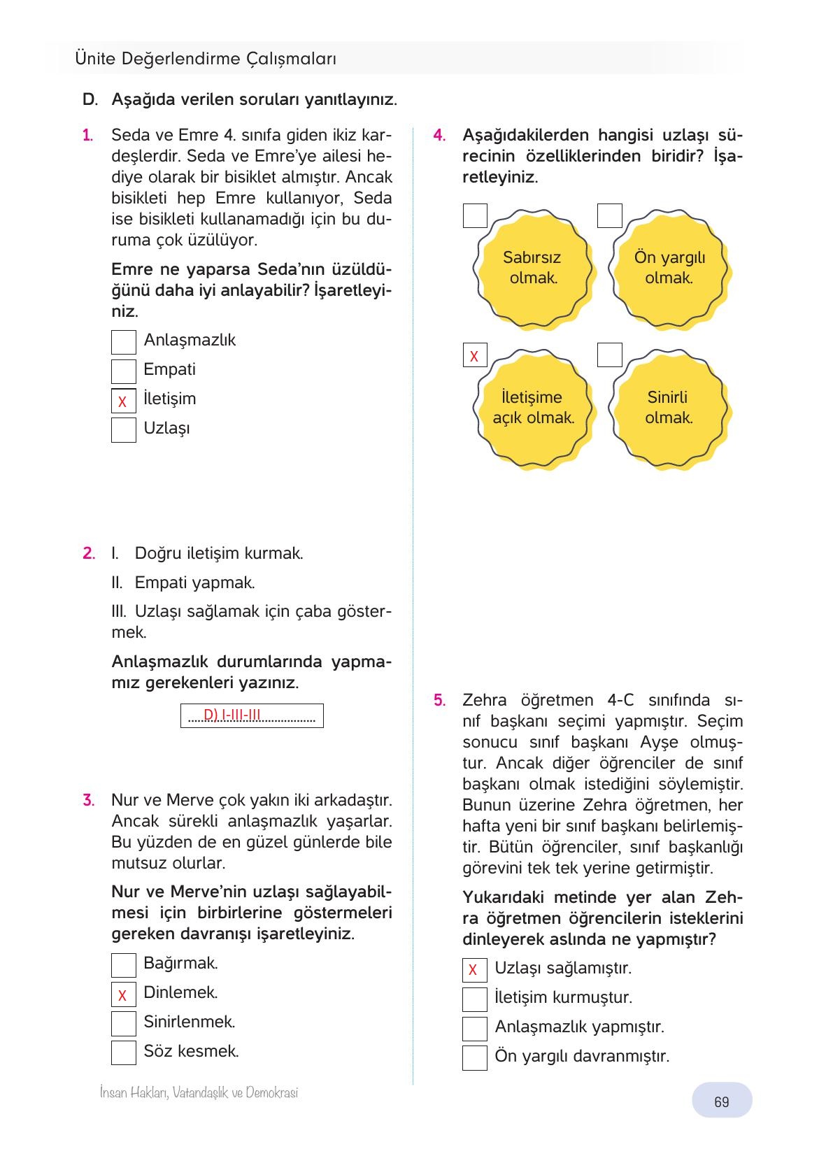 4. Sınıf Hecce Yayıncılık İnsan Hakları Yurttaşlık Ve Demokrasi Ders Kitabı Sayfa 69 Cevapları